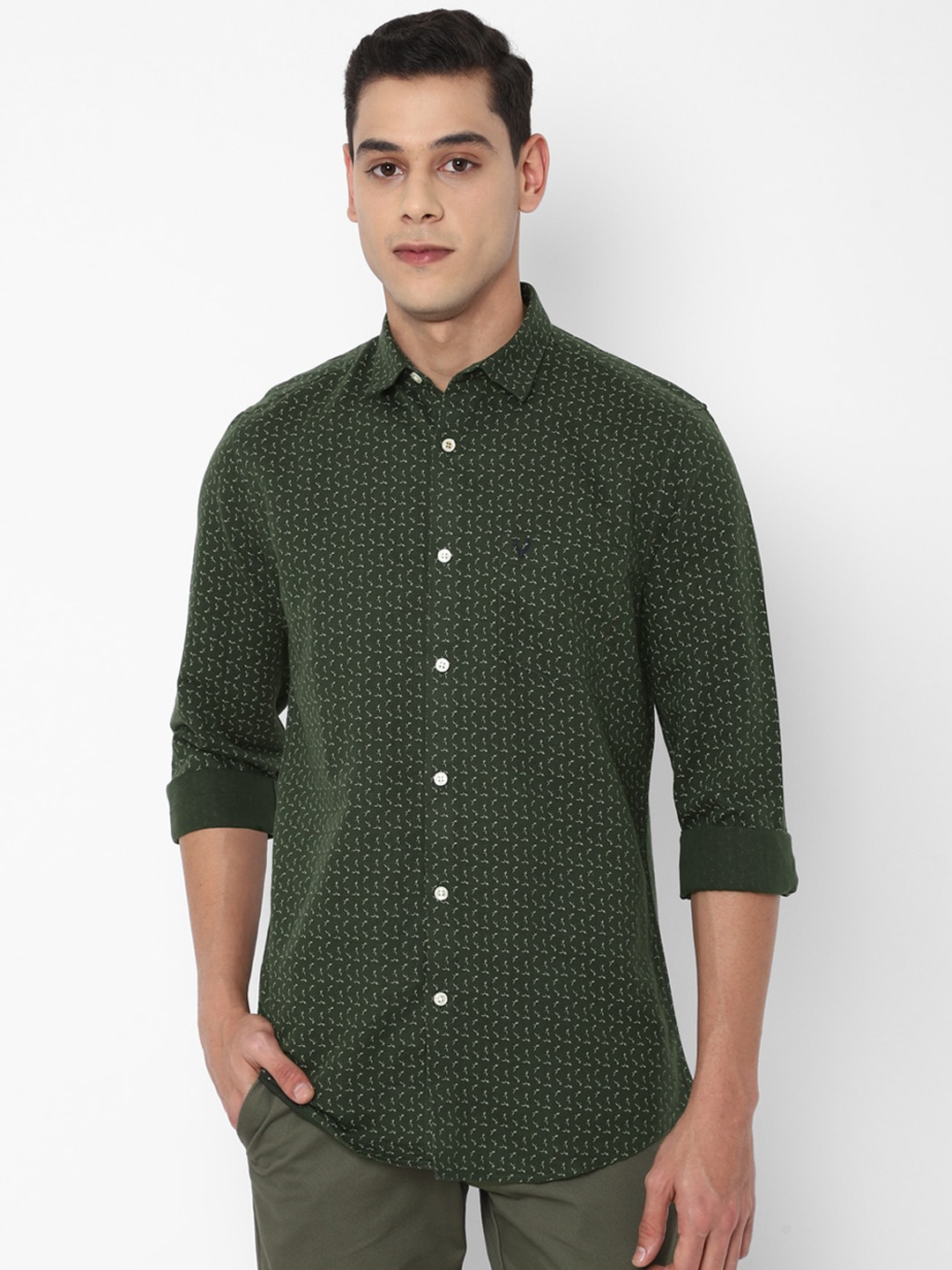 

Allen Solly Men Olive Green Slim Fit Printed Linen Cotton Casual Shirt