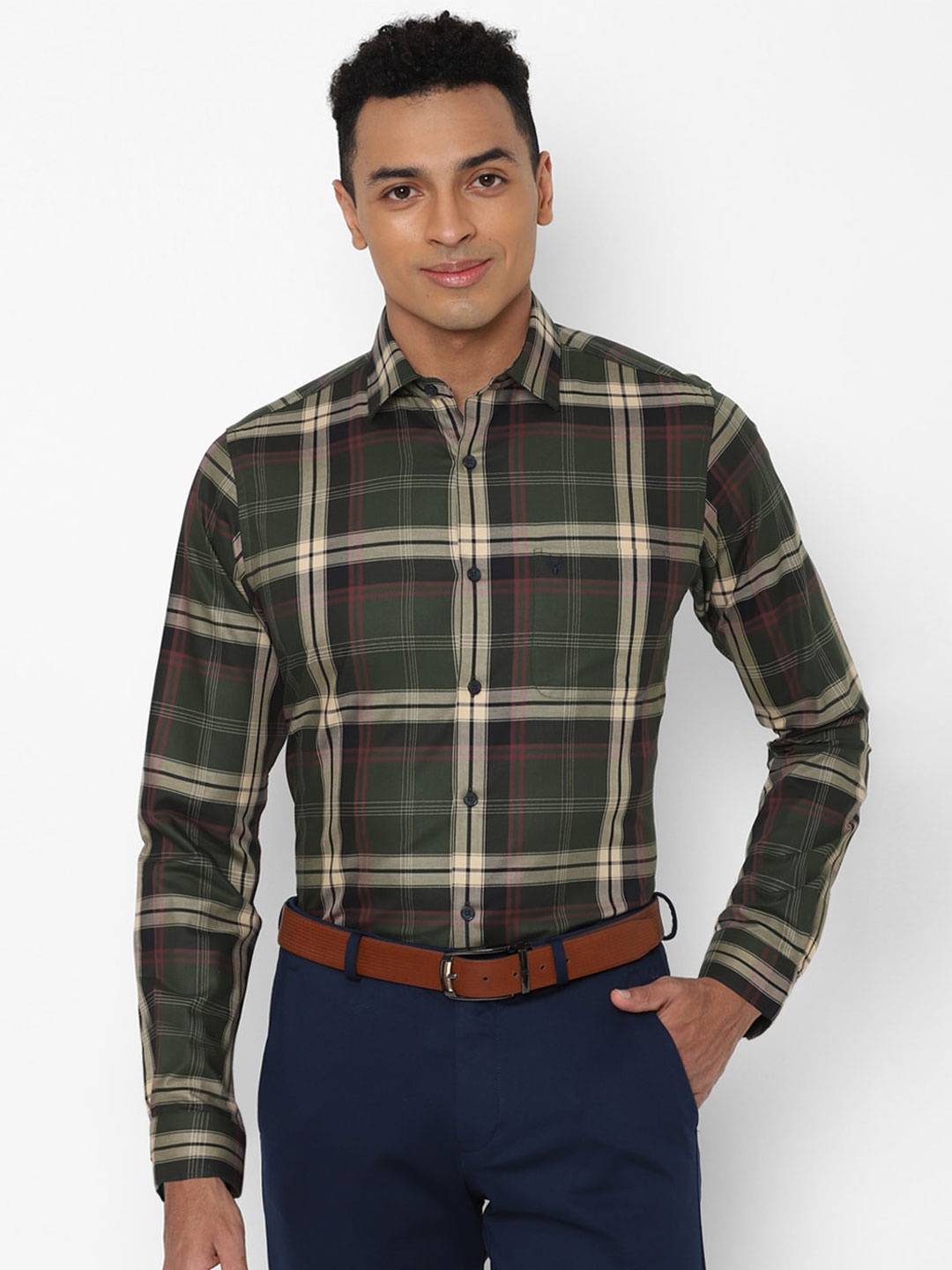

Allen Solly Men Olive Green Slim Fit Tartan Checks Pure Cotton Formal Shirt