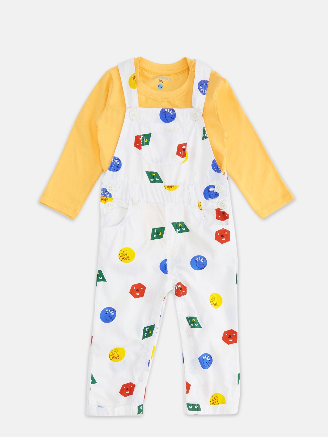 

Pantaloons Baby Boys White & Yellow Printed Pure Cotton T-shirt with Dungaree