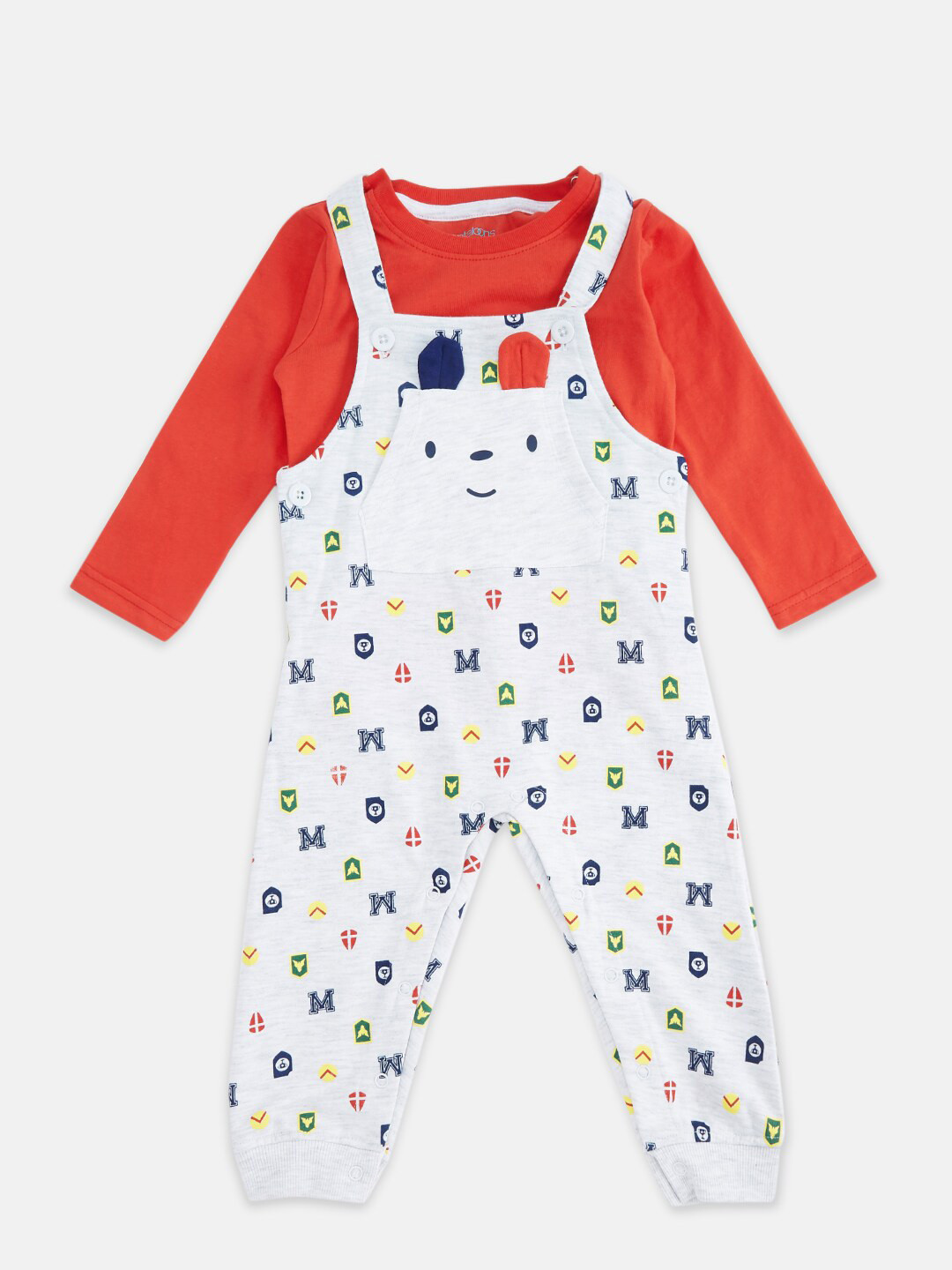 

Pantaloons Baby Boys Grey Melange & Red T-shirt with Dungarees