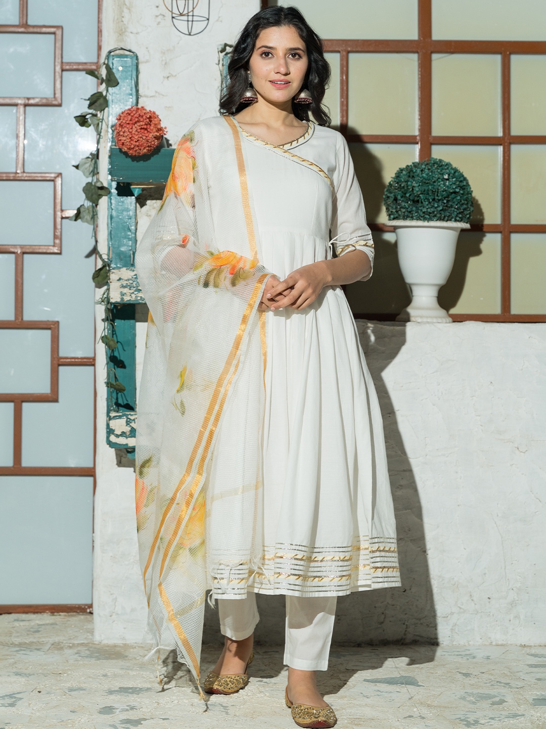 

PHEETA Women White Angrakha Pure Cotton Kurta with Trousers & With Dupatta