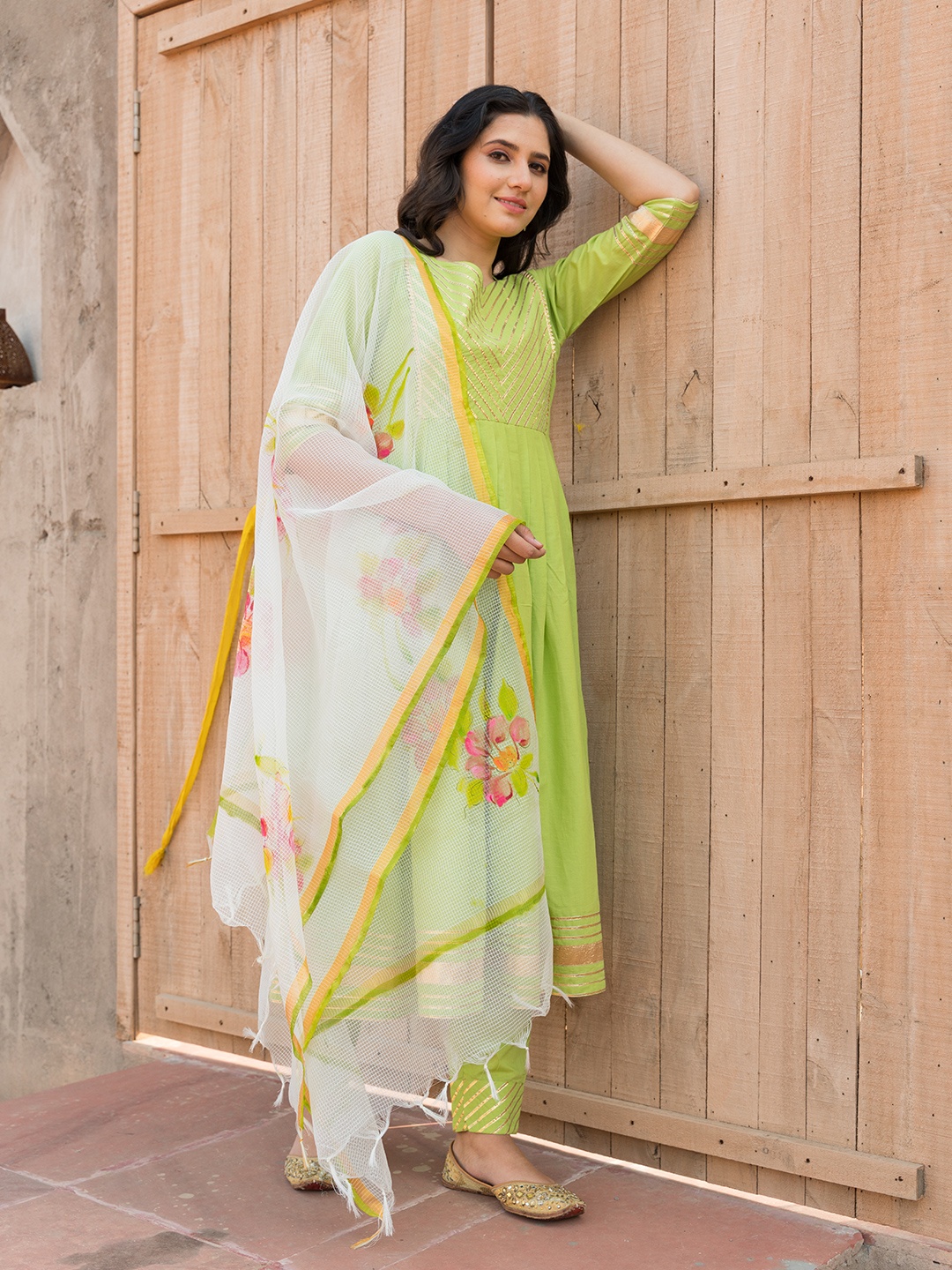 

PHEETA Women Pure Cotton Kurta with Trousers & With Dupatta, Green