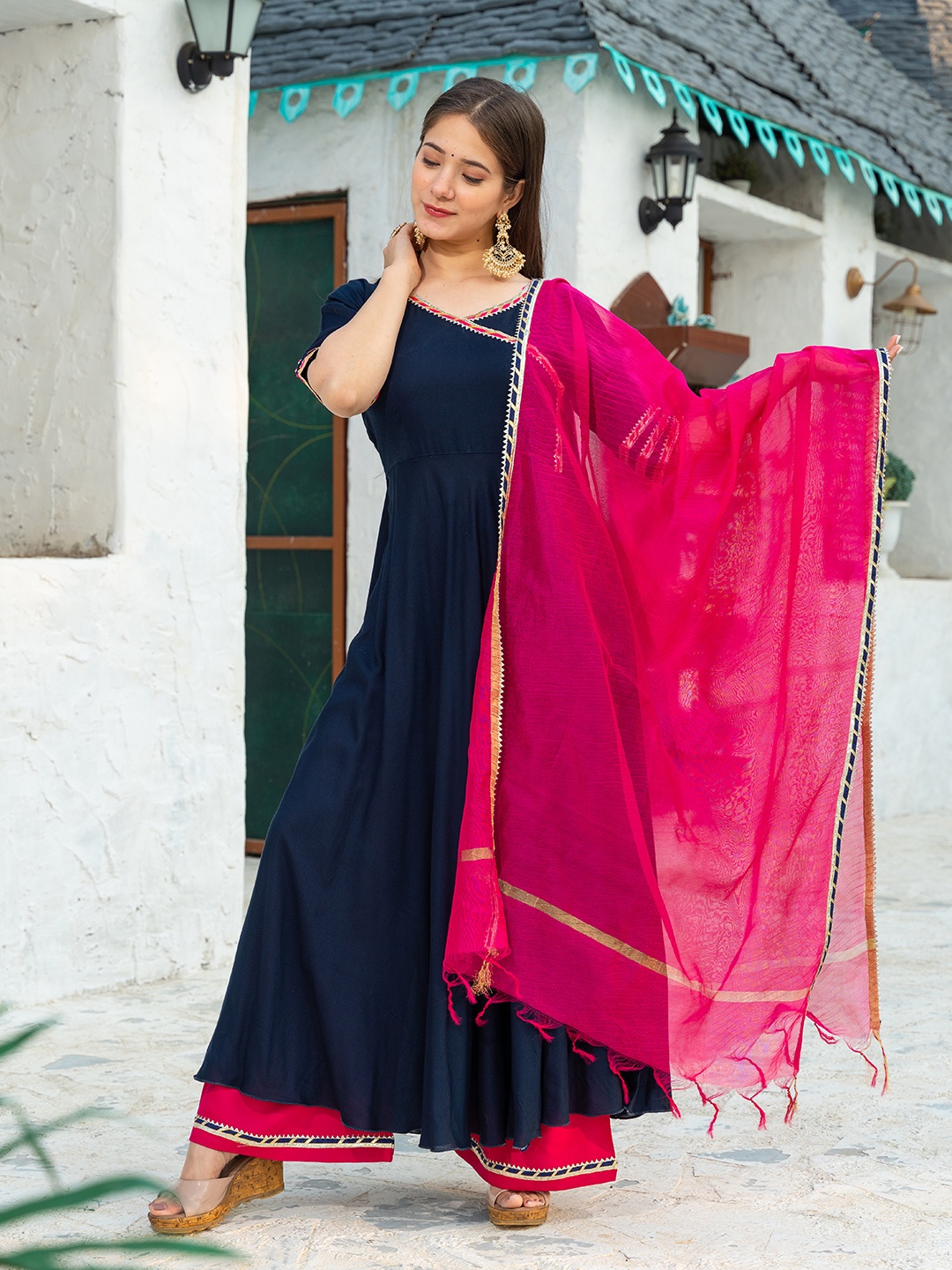 

PHEETA Women Blue Angrakha Kurta with Palazzos & With Dupatta