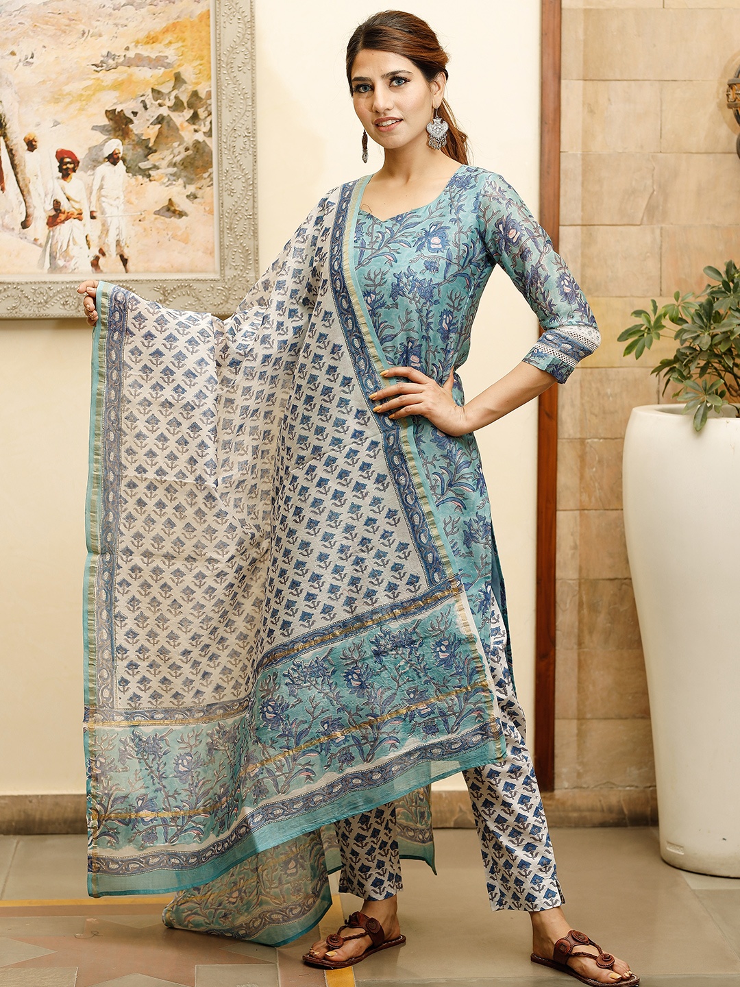 

PHEETA Women Sea Green Floral Printed Chanderi Cotton Kurta with Trousers & With Dupatta