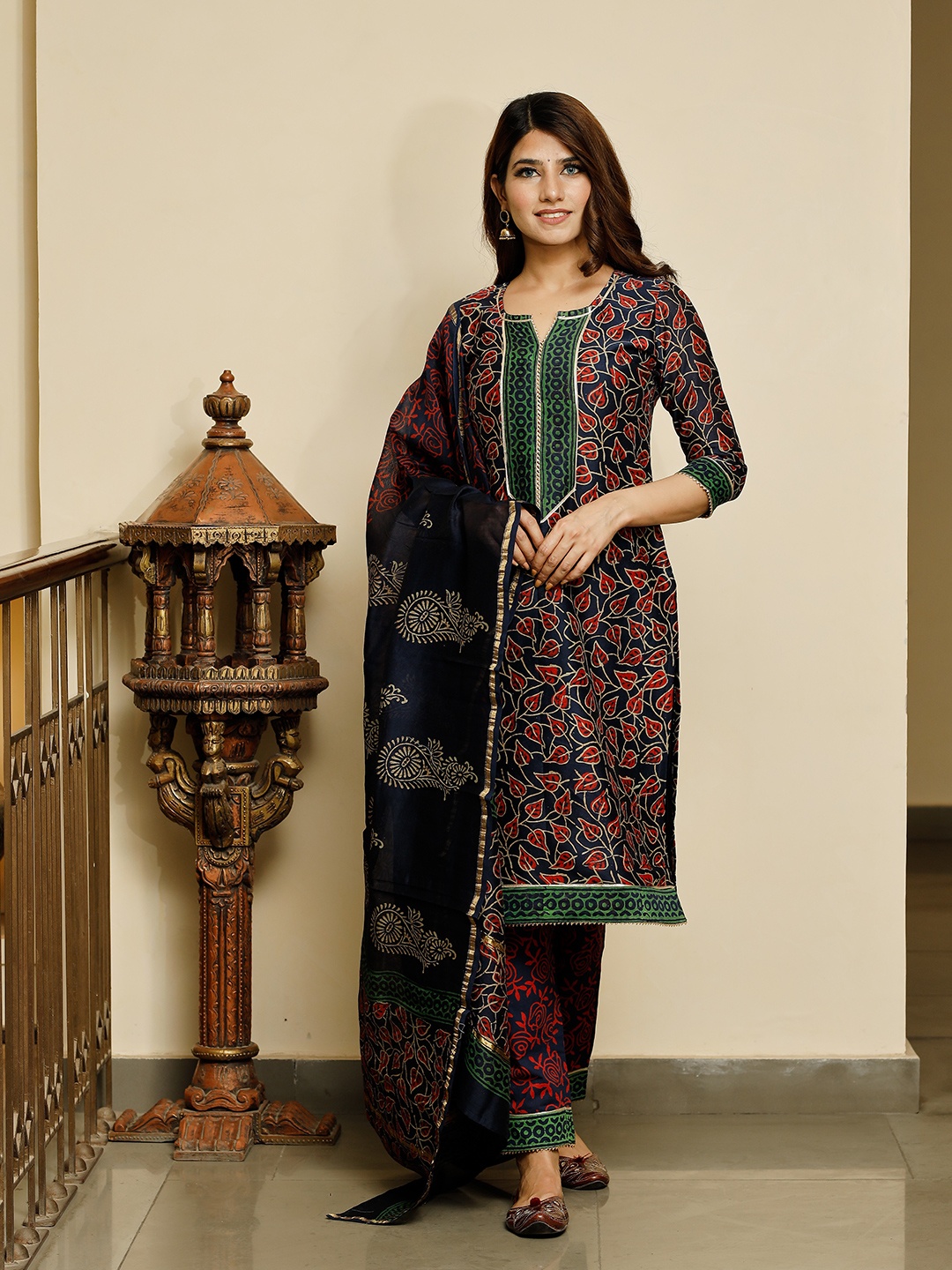 

PHEETA Floral Printed Chanderi Cotton Kurta with Trousers & Dupatta, Blue