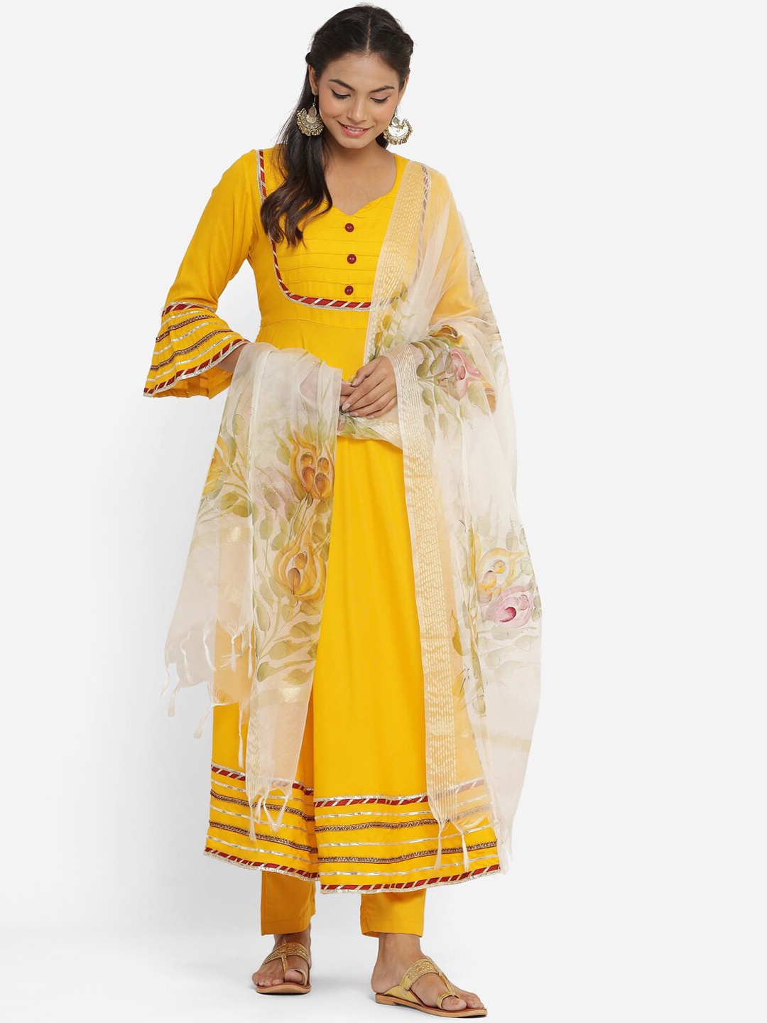 

PHEETA Gotta Patti Round Neck Kurta with Trousers & Dupatta, Yellow