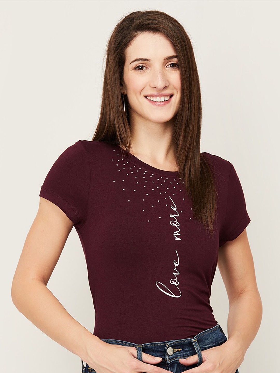 

Fame Forever by Lifestyle Burgundy Round Neck Print Top