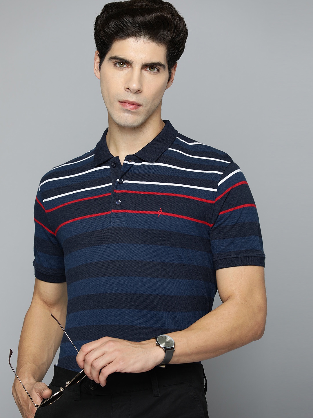 

Indian Terrain Striped Polo Collar Pure Cotton Slim Fit T-shirt, Navy blue