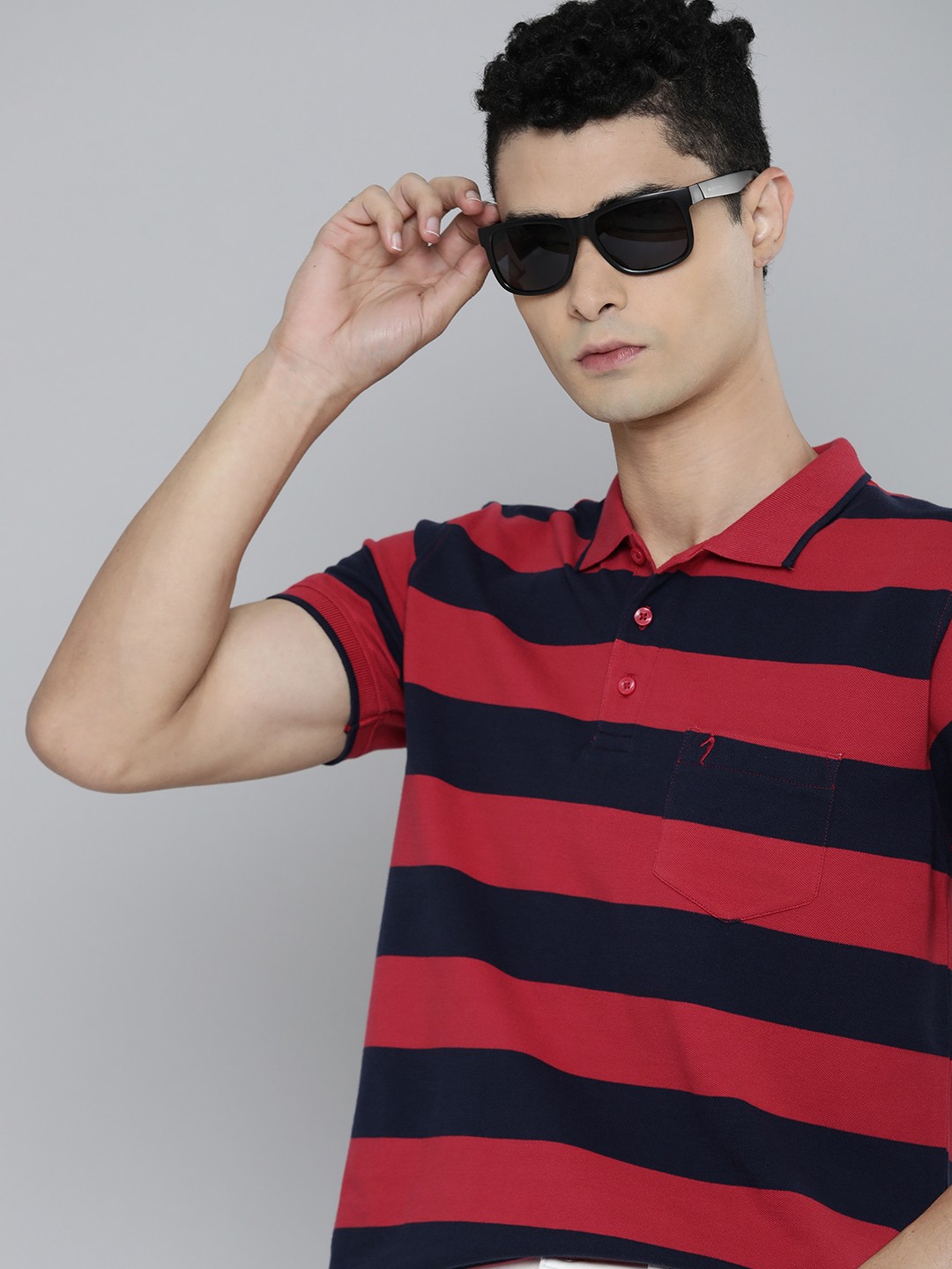 

Indian Terrain Men Red & Navy Blue Striped Polo Collar Pure Cotton T-shirt