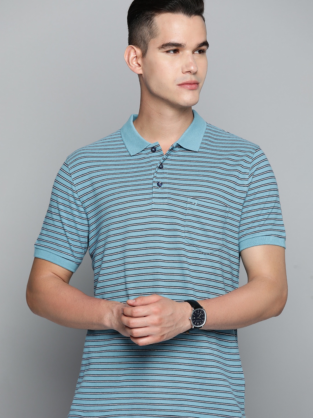 

Indian Terrain Striped Polo Collar Pure Cotton T-shirt, Blue