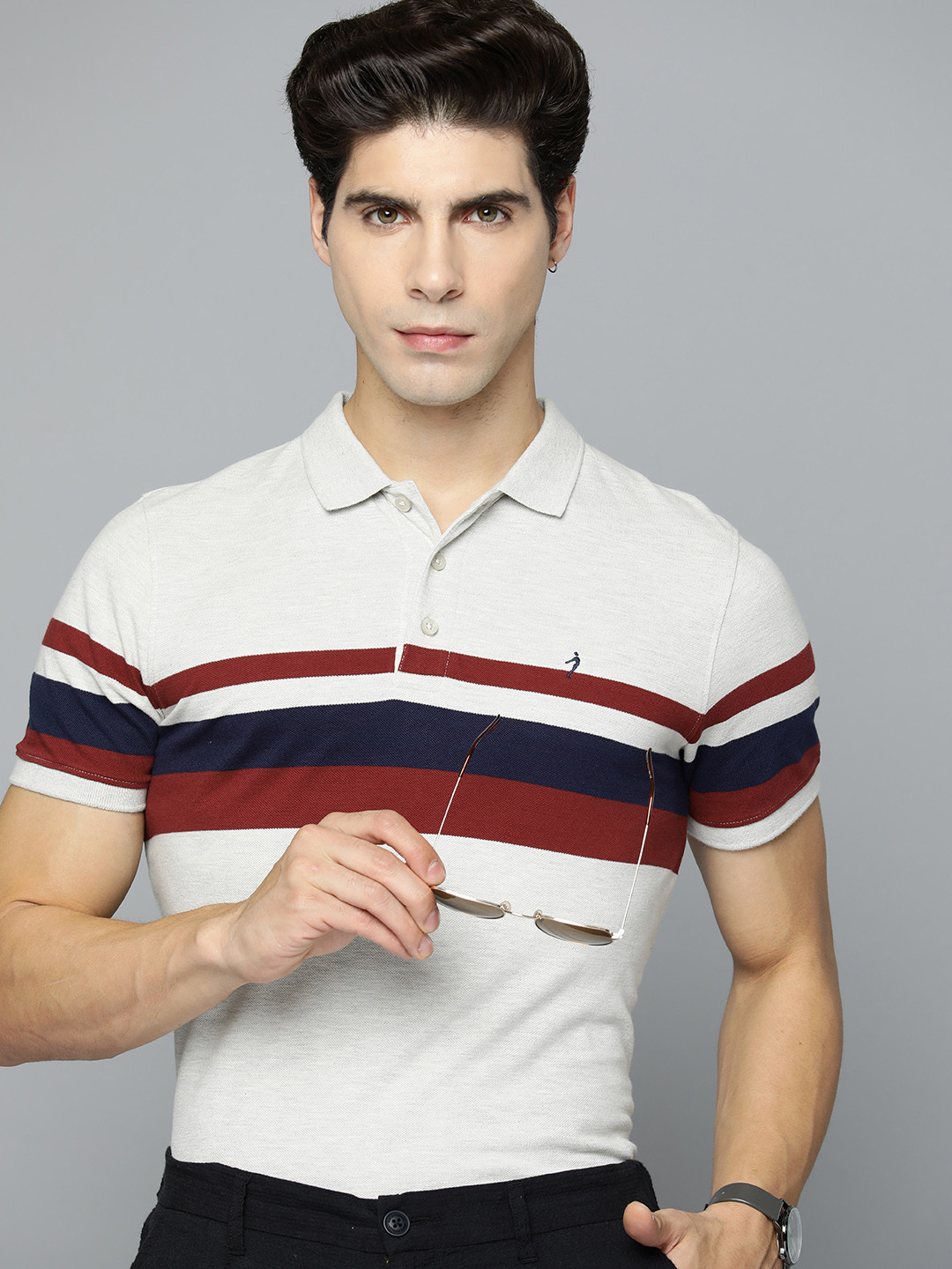 

Indian Terrain Striped Pure Cotton Polo Collar Slim Fit T-shirt, Grey