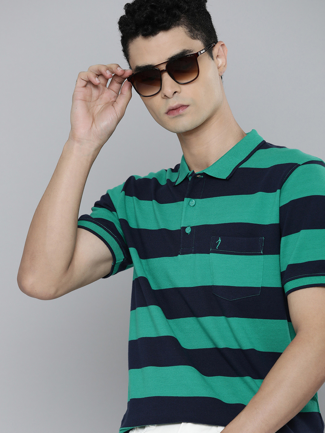 

Indian Terrain Men Green & Navy Blue Striped Polo Collar Pure Cotton T-shirt