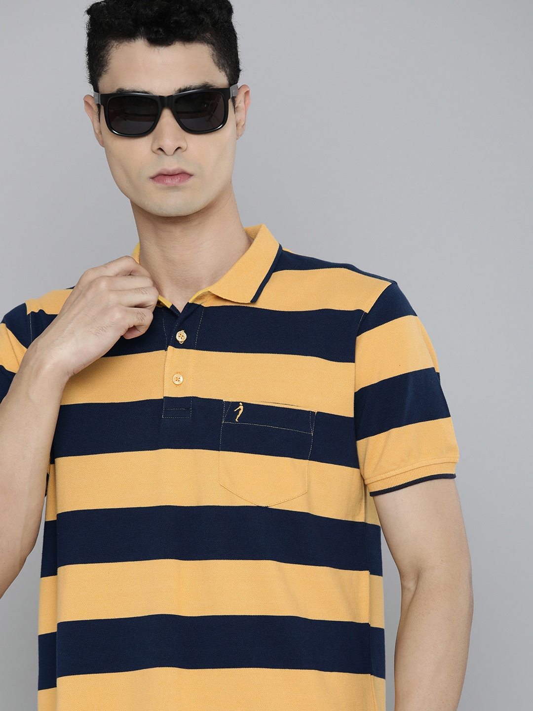 

Indian Terrain Men Yellow & Navy Blue Striped Polo Collar Pure Cotton T-shirt