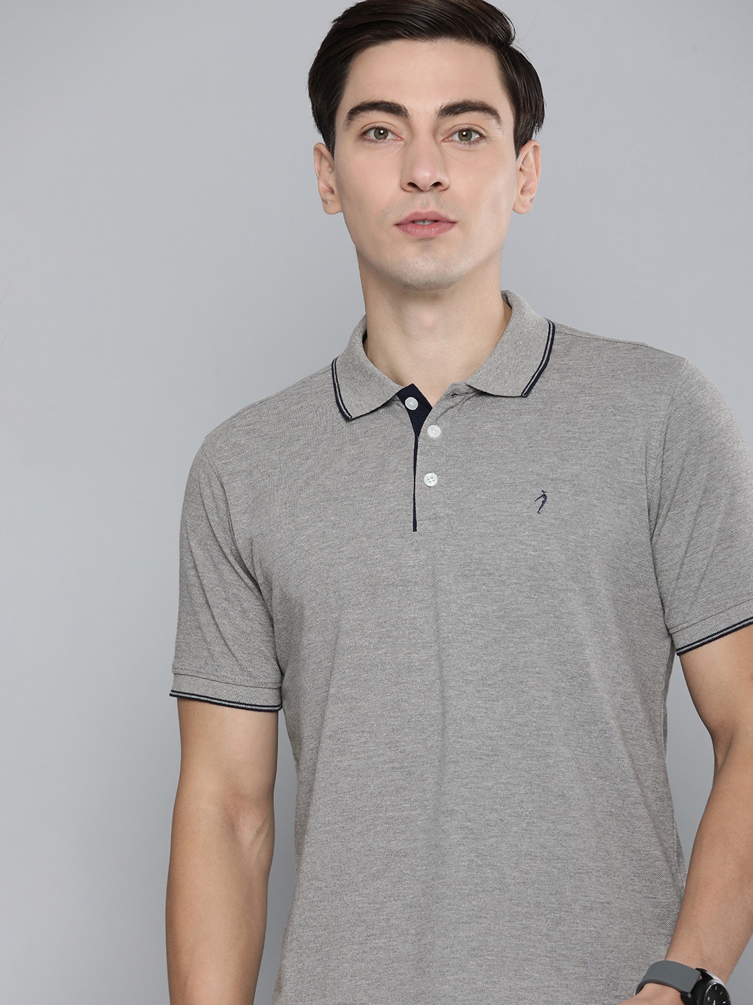 

Indian Terrain Men Grey Solid Polo Collar Slim Fit Casual T-shirt