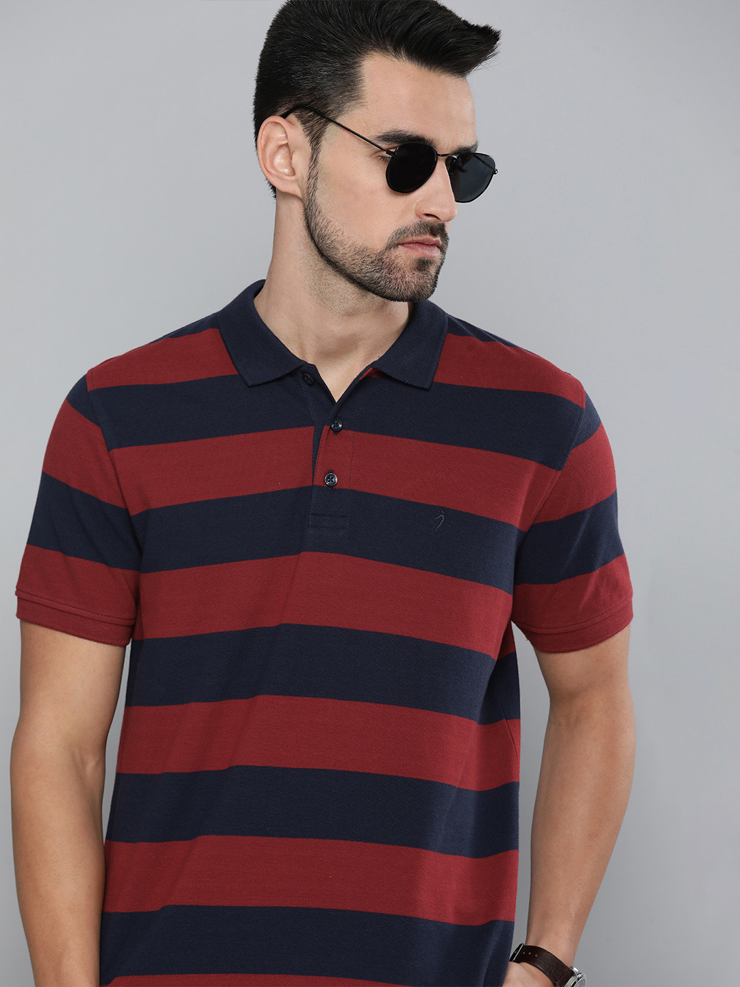 

Indian Terrain Men Maroon & Navy Blue Striped Polo Collar Pure Cotton T-shirt