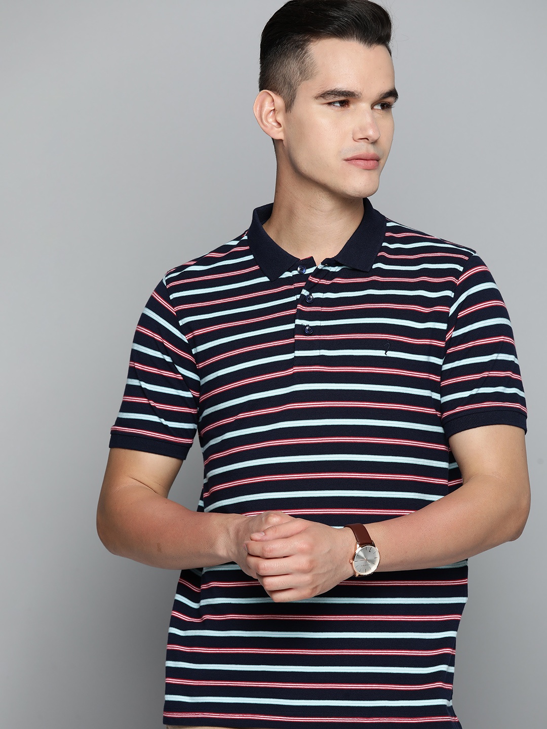 

Indian Terrain Striped Polo Collar Pure Cotton T-shirt, Navy blue