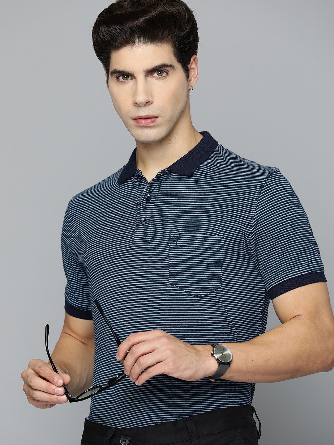 

Indian Terrain Pure Cotton Striped Textured Finish Slim Fit T-shirt, Blue