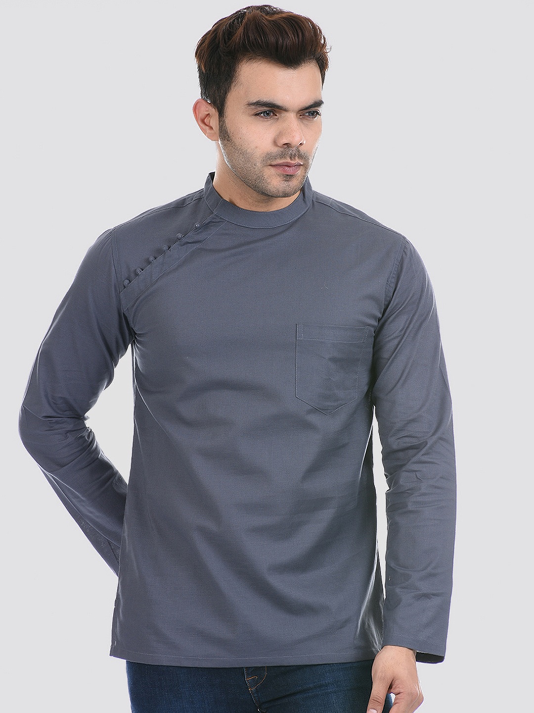 

Ethnicity Men Grey Solid Band Collar Cotton Short Straight Kurta