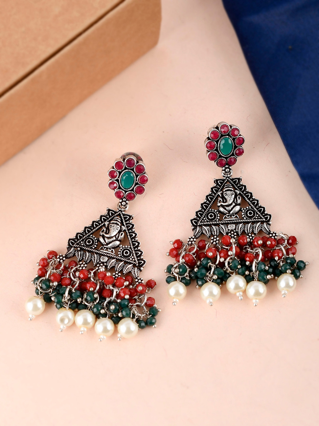 

Fabstreet Silver-Plated Oxidised Triangular Ganesha Design Drop Earrings