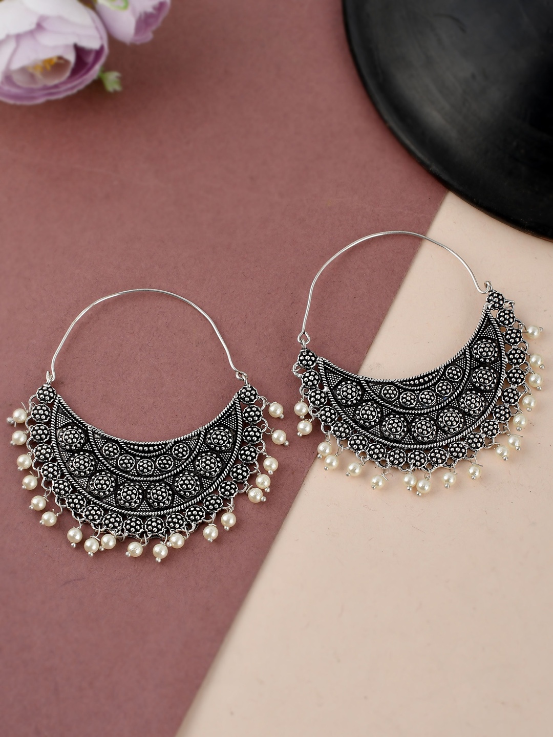 

Fabstreet Silver-Plated Oxidised Contemporary Chandbalis Earrings