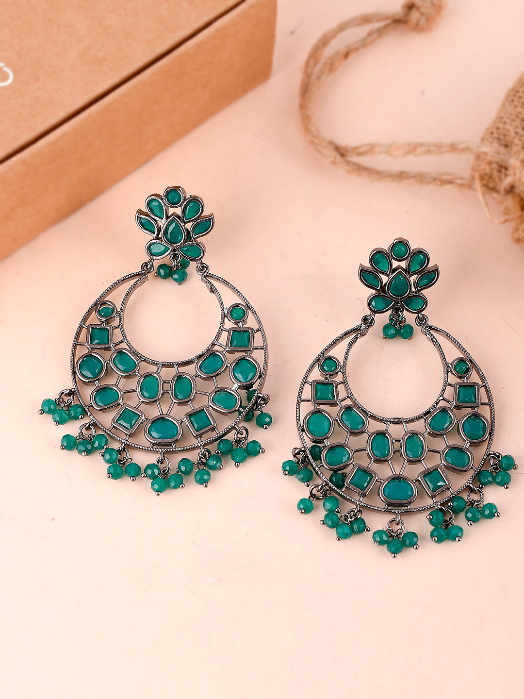 

Fabstreet Green-Toned & Silver-Plated Oxidised Beaded Chandbalis Earrings