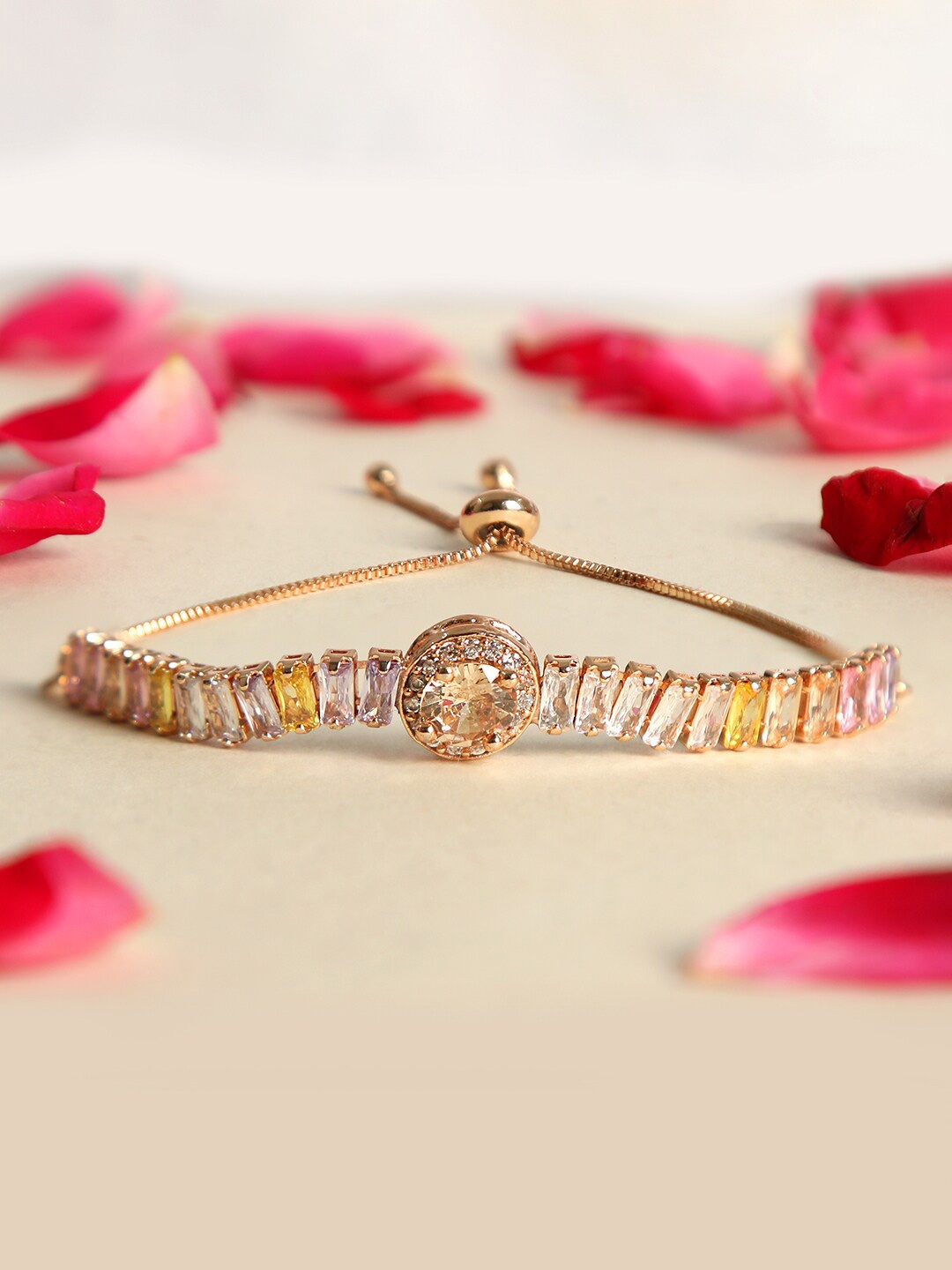 

ZINU Women White & Yellow Brass Cubic Zirconia Rose Gold-Plated Charm Bracelet