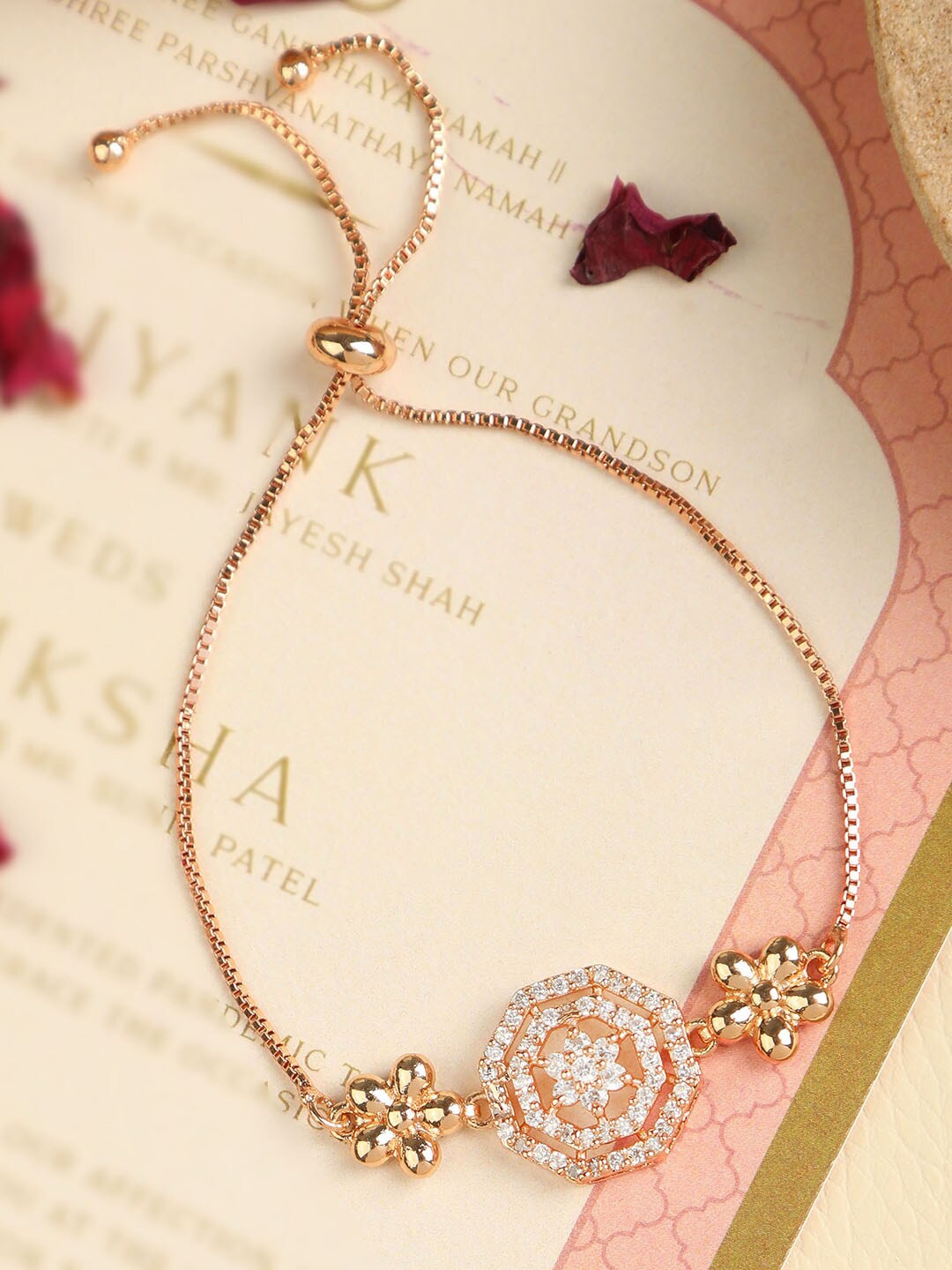 

ZINU Women Brass Cubic Zirconia Rose Gold-Plated Charm Bracelet