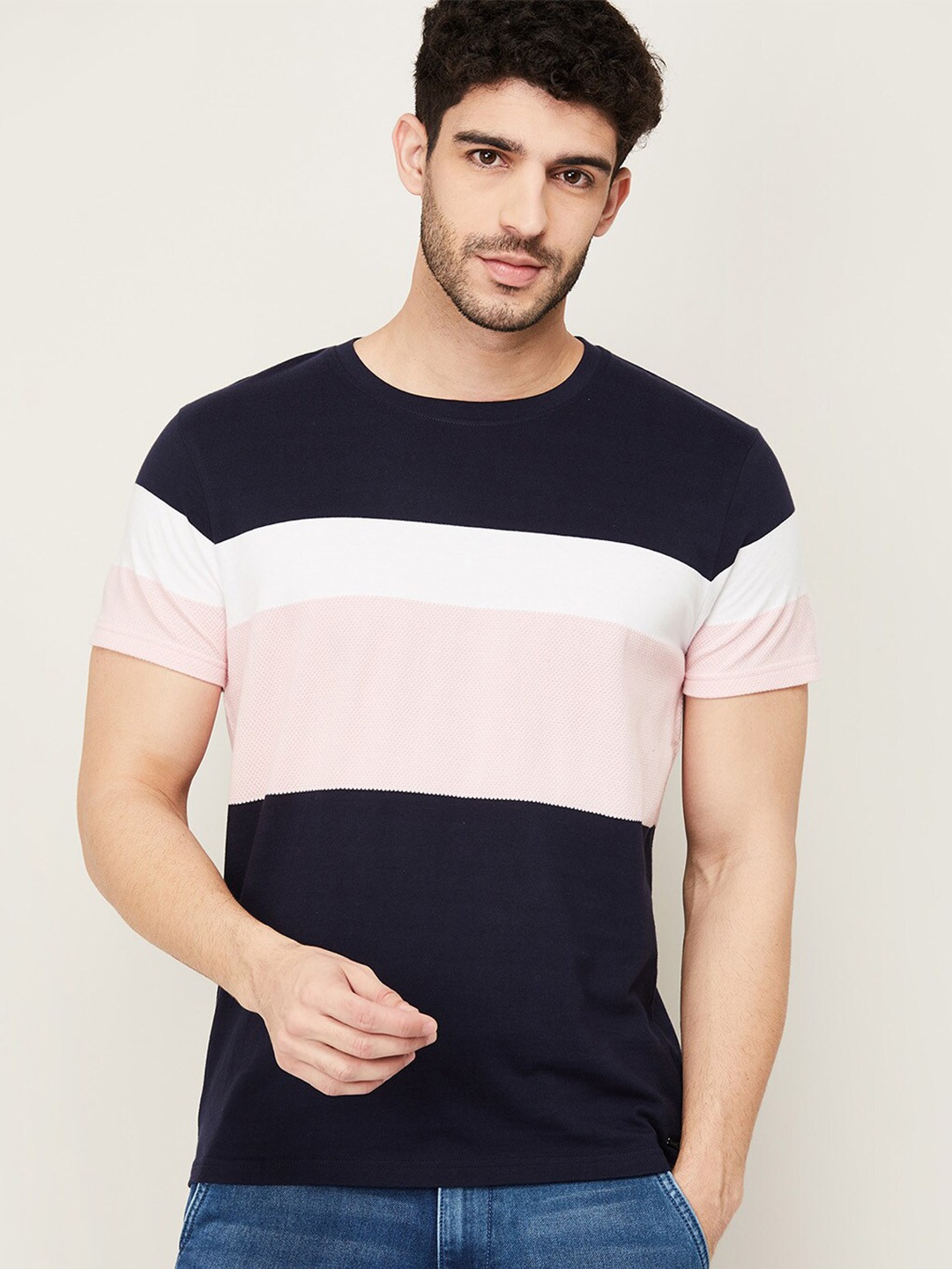 

Bossini Men Navy Blue & Pink Colourblocked Cotton T-shirt