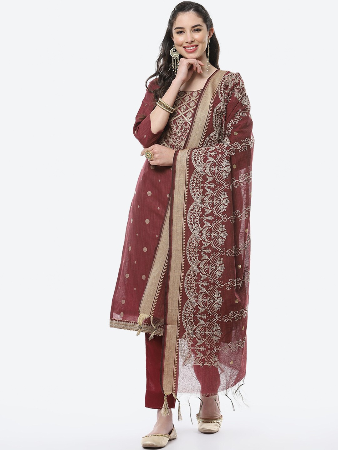 

Meena Bazaar Women Burgundy & Grey Printed Pure Cotton Unstitched Dress Material