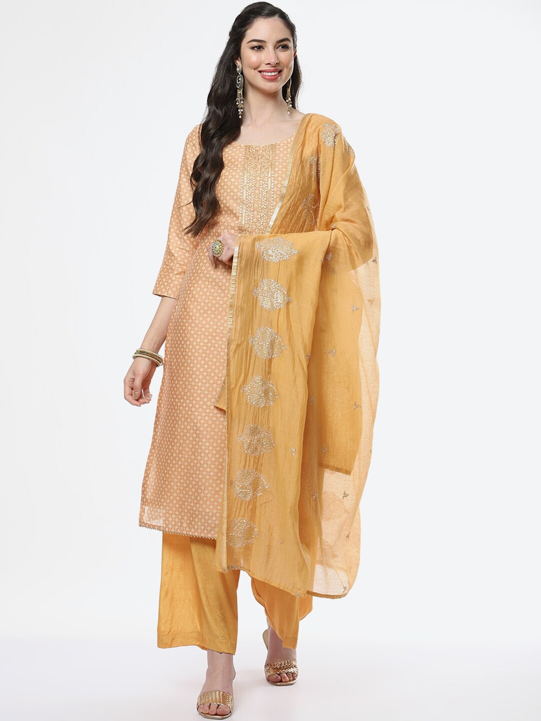 

Meena Bazaar Peach-Coloured & Gold-Toned Embroidered Unstitched Dress Material