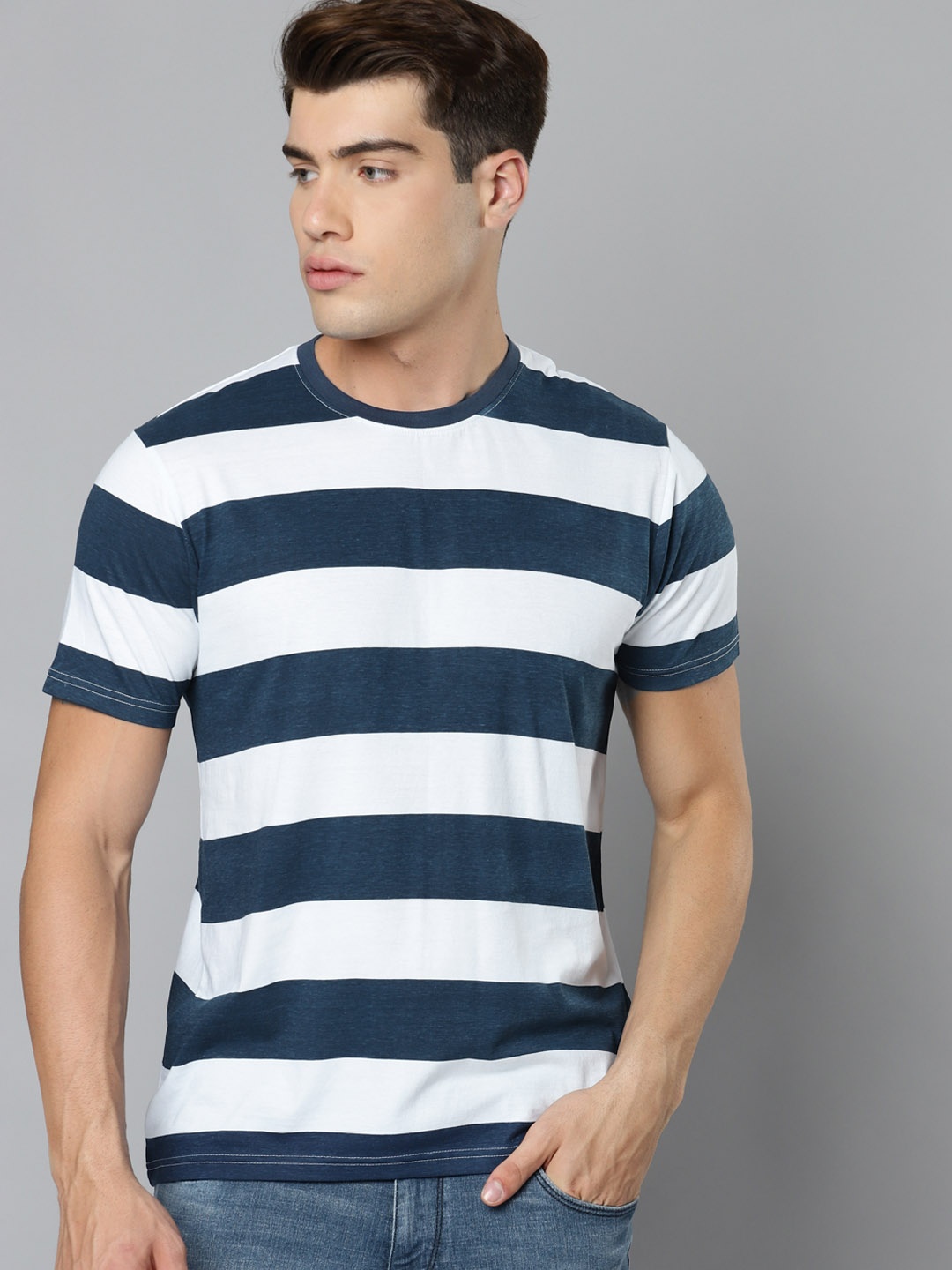 

Indian Terrain Men Navy Blue & White Striped Pure Cotton Slim Fit T-shirt