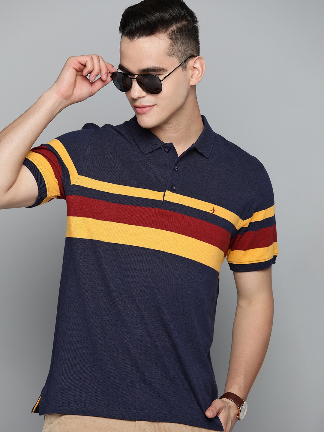

Indian Terrain Striped Polo Collar Pure Cotton T-shirt, Navy blue