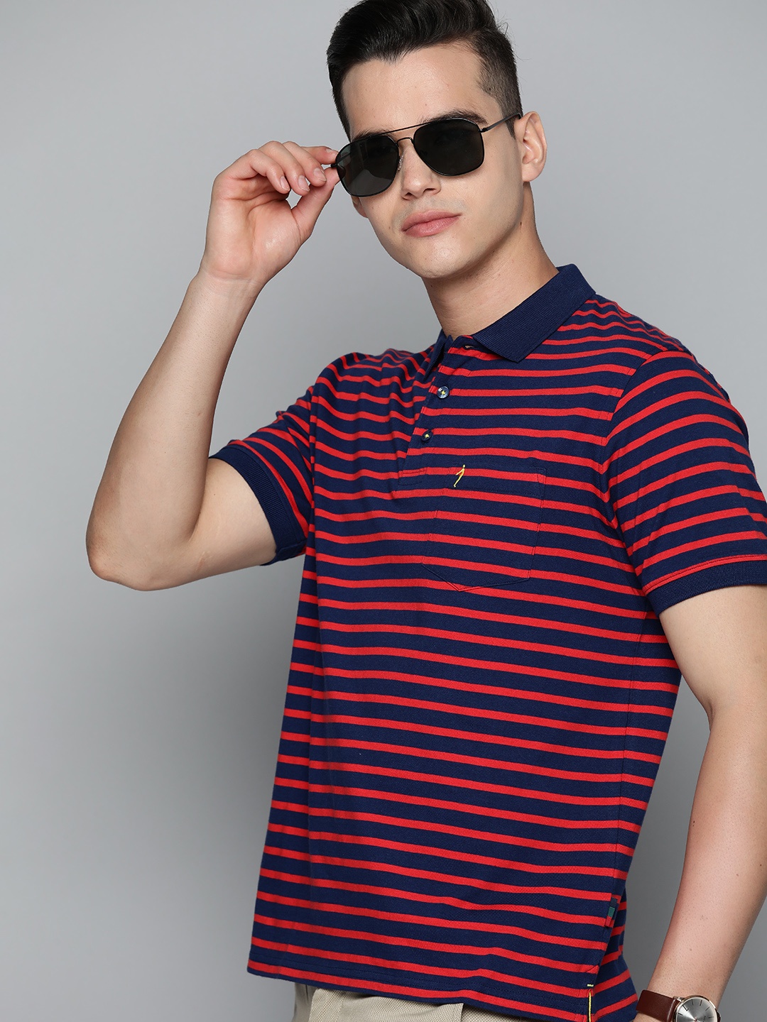 

Indian Terrain Striped Polo Collar Pure Cotton T-shirt, Navy blue