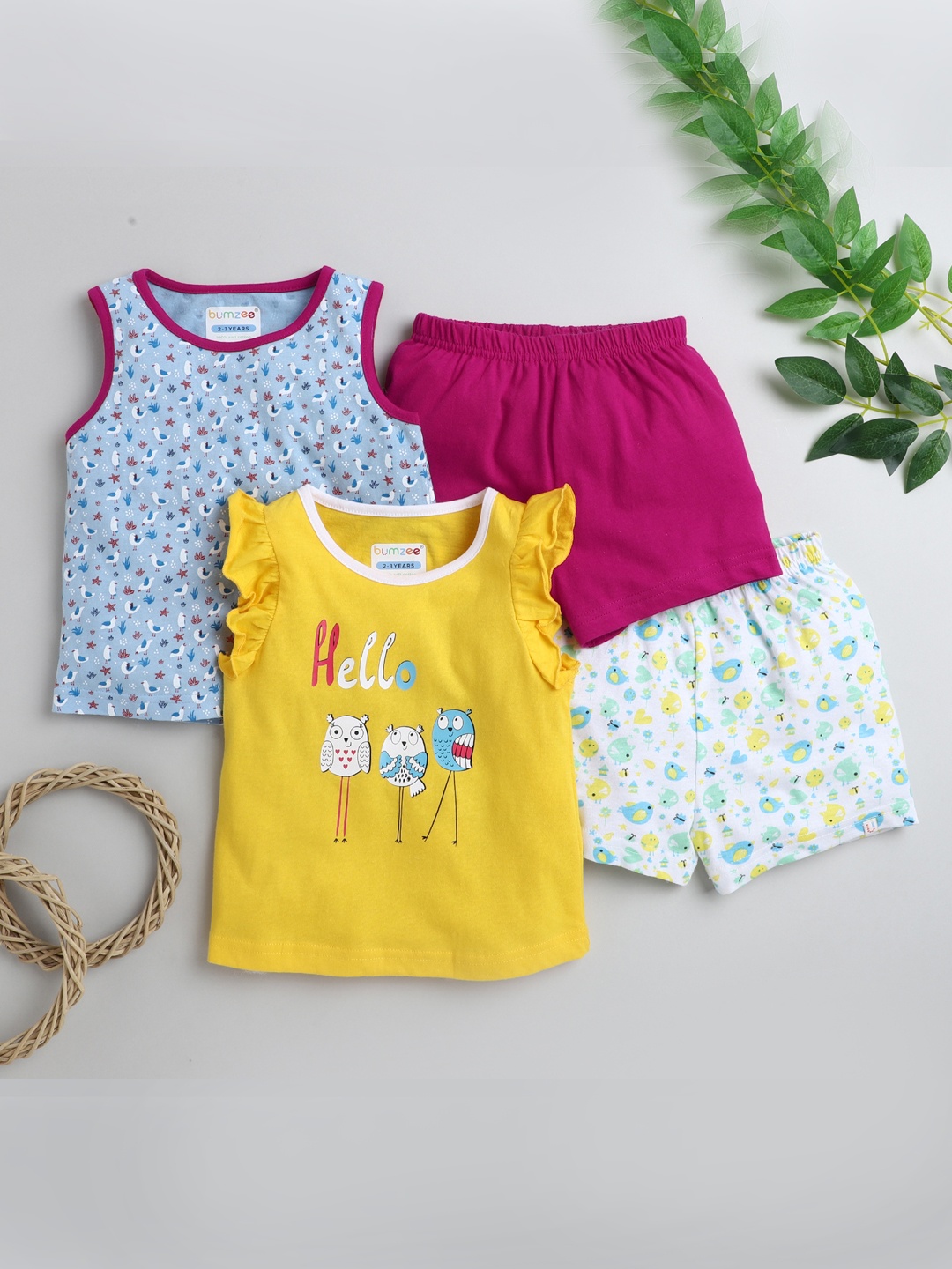 

BUMZEE Girls Set Of 2 Yellow & Pink Printed Pure Cotton T-shirt with Shorts