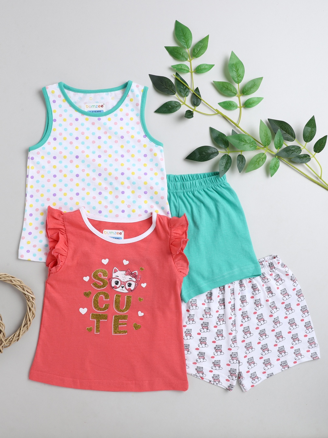 BUMZEE Girls Coral & Green Printed T-shirt with Shorts