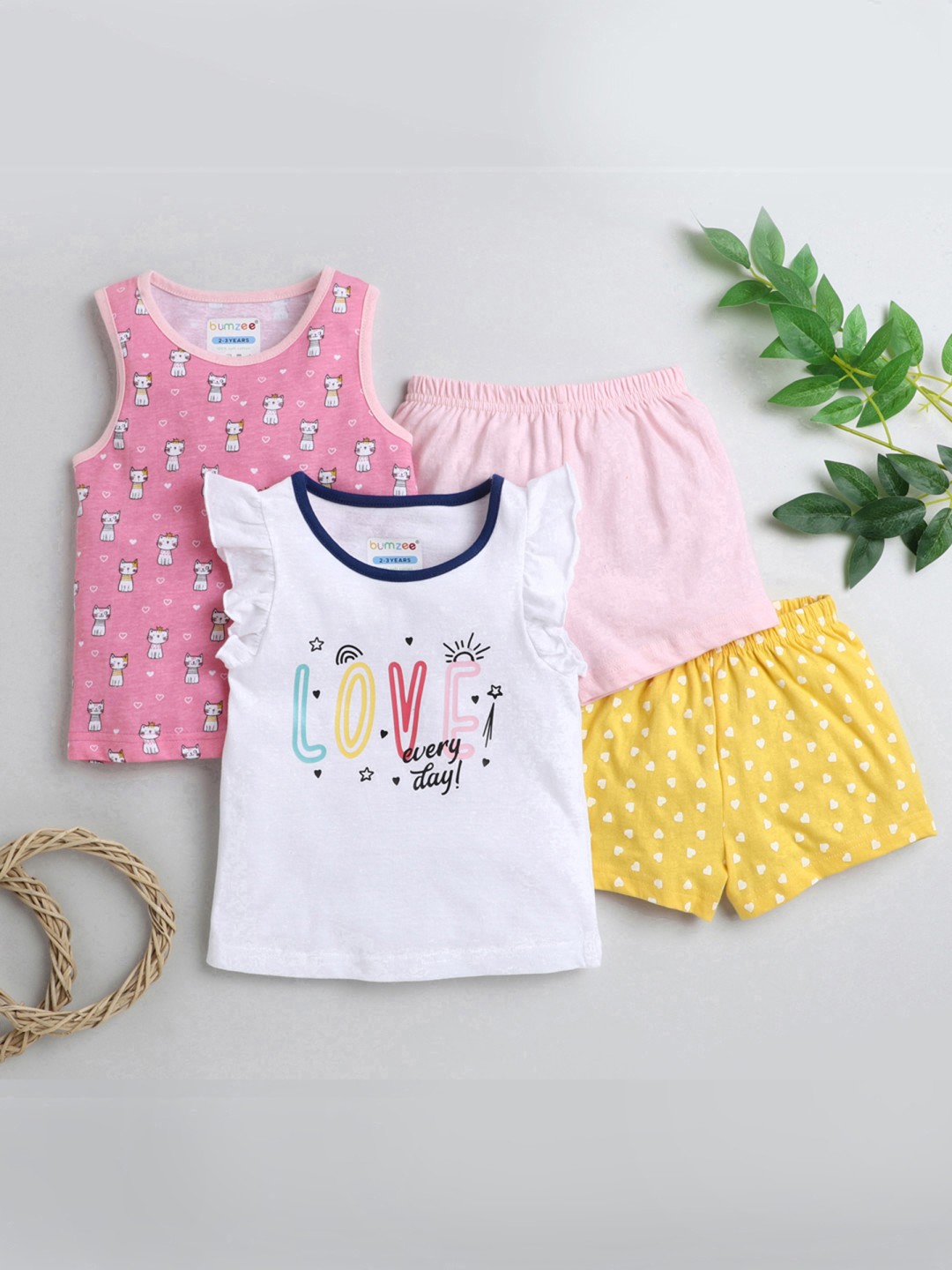 

BUMZEE Girls White & Pink Set of 2 Printed Pure Cotton T-shirt With Shorts
