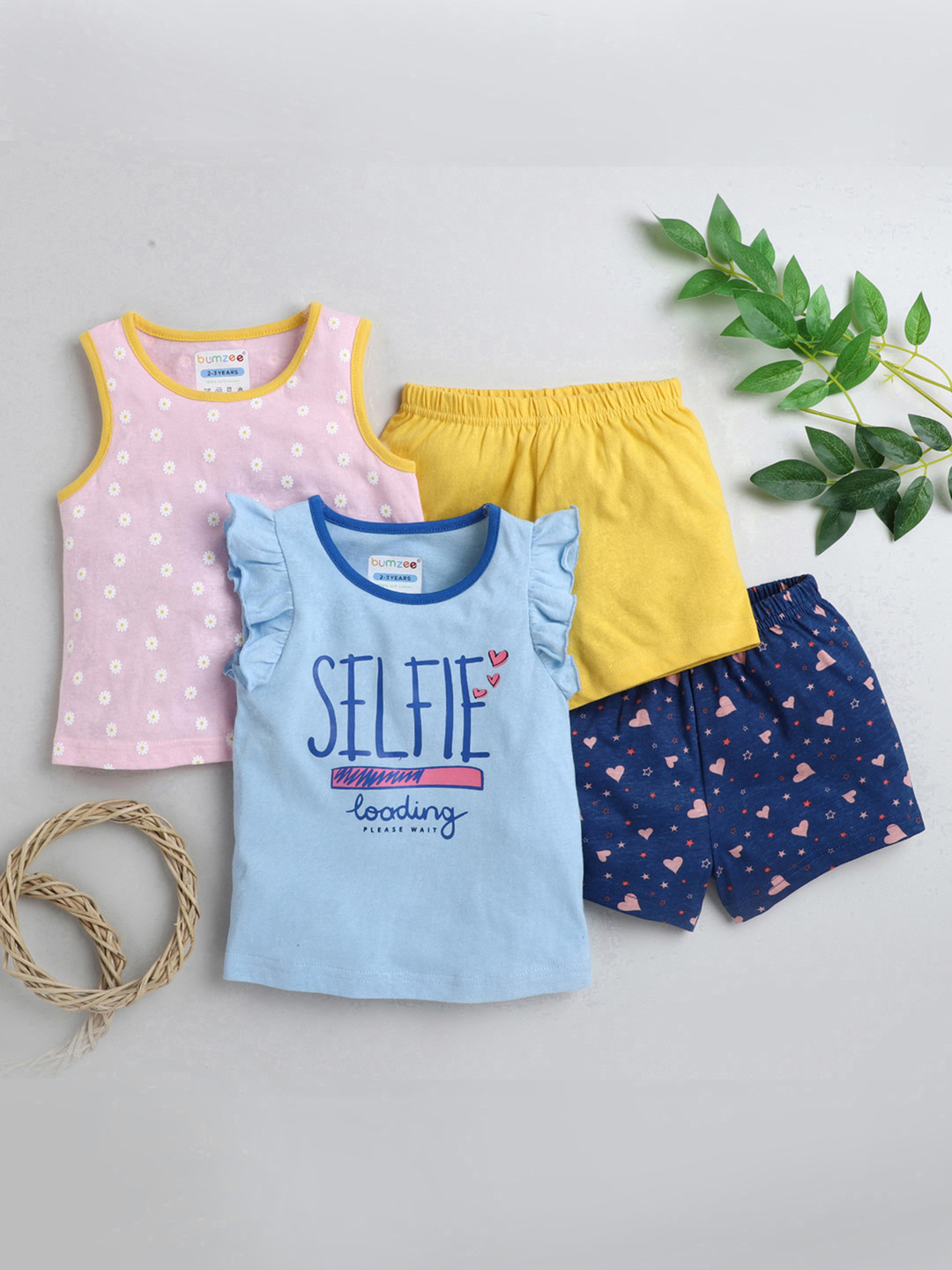 

BUMZEE Girls Blue & Yellow Pack Of 2 Printed Pure Cotton T-shirt with Shorts