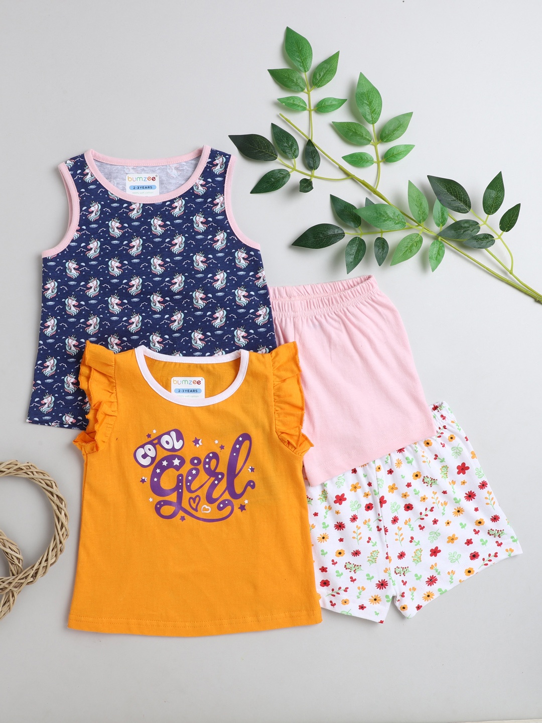 

BUMZEE Girls Orange & Pink Printed T-shirt with Shorts
