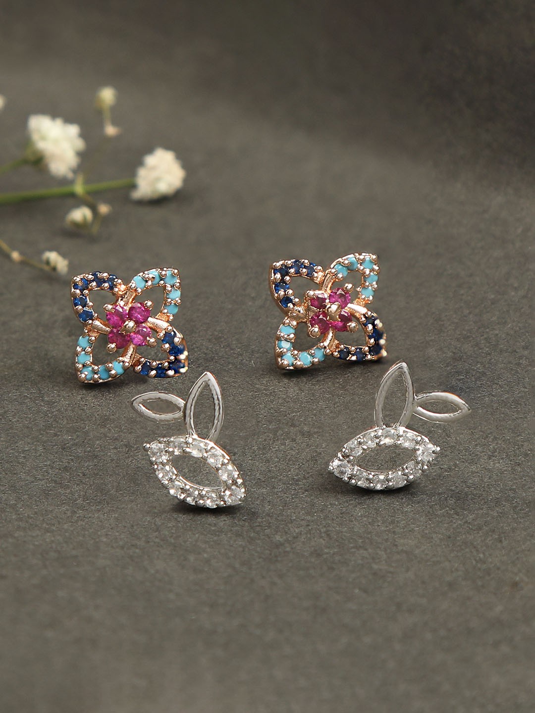 

ZINU Pack of 2 Rose Gold-Plated & Silver-Toned Contemporary Studs Earrings