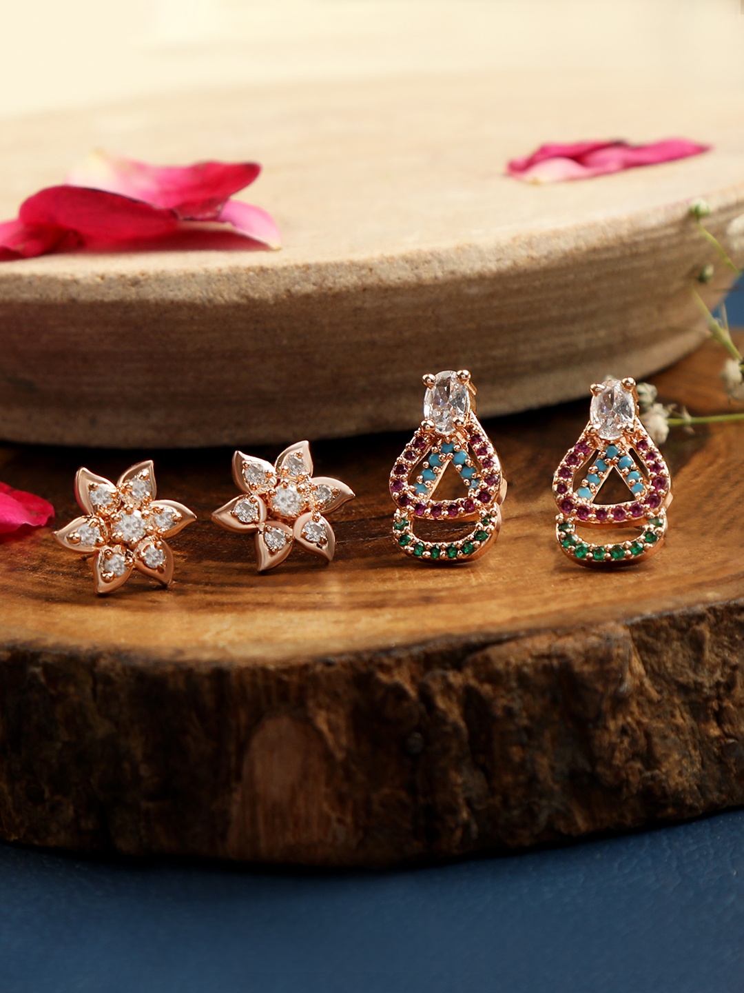

ZINU Set of 2 Rose Gold & White CZ Studded Contemporary Studs Earrings