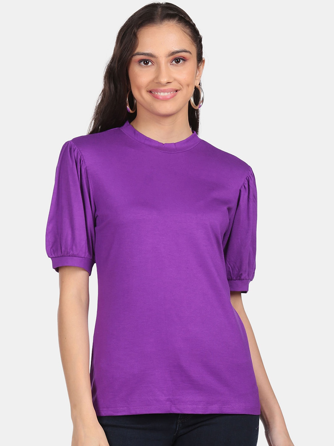 

Sugr Purple Puff Sleeves Band Neck Top