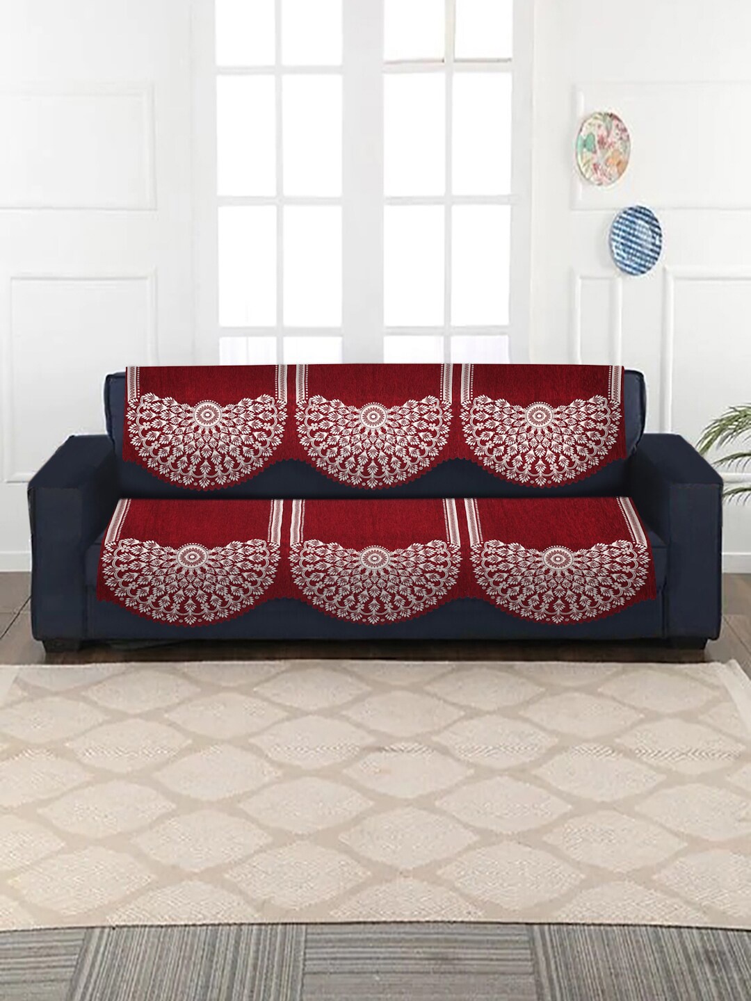 

HOSTA HOMES Maroon 10-Pieces Velvet Quilted 5 Seater Sofa Cover