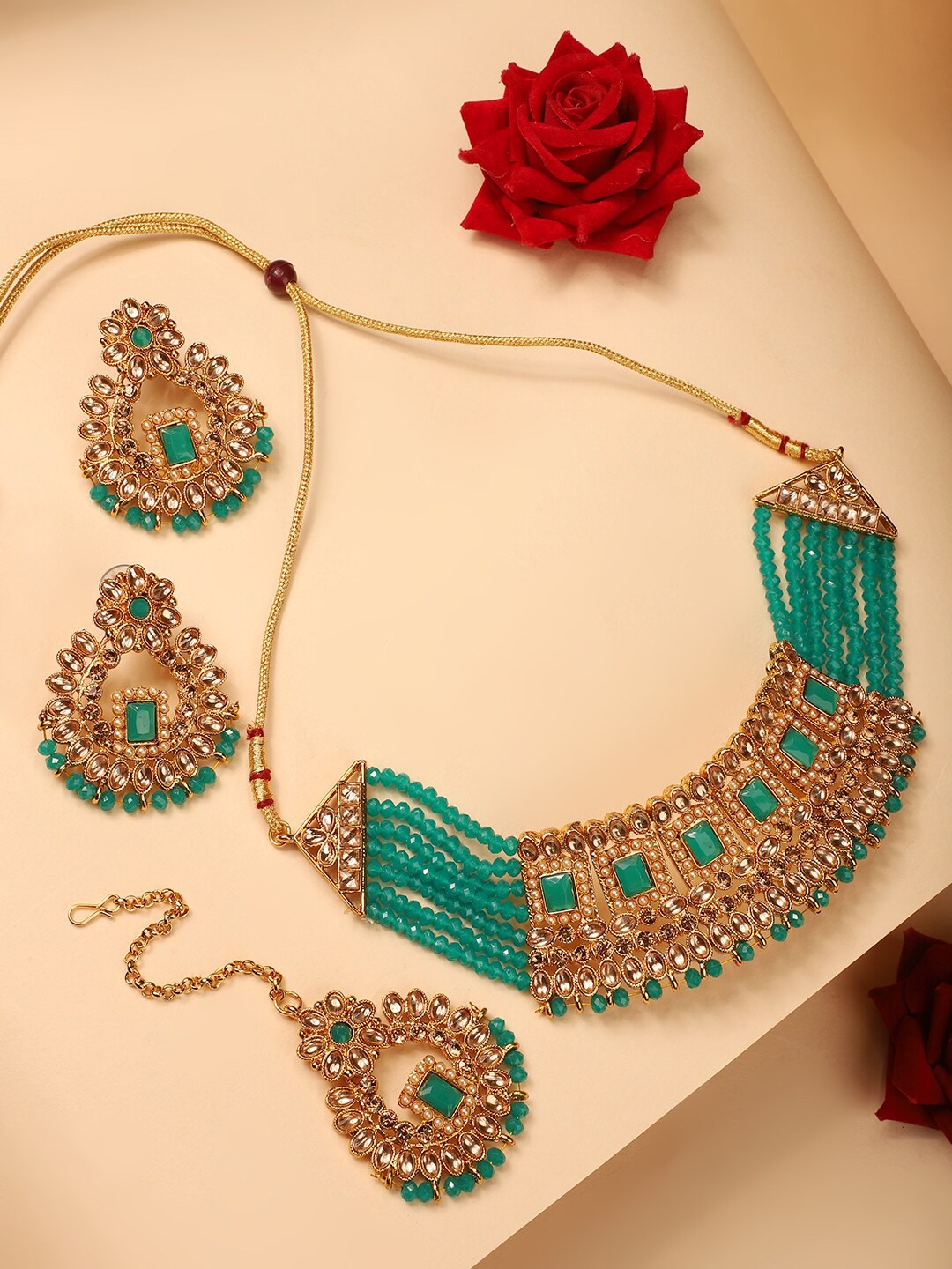 

ANIKAS CREATION Gold-Plated & Green Stone-Studded Beaded Multistrand Jewellery Set