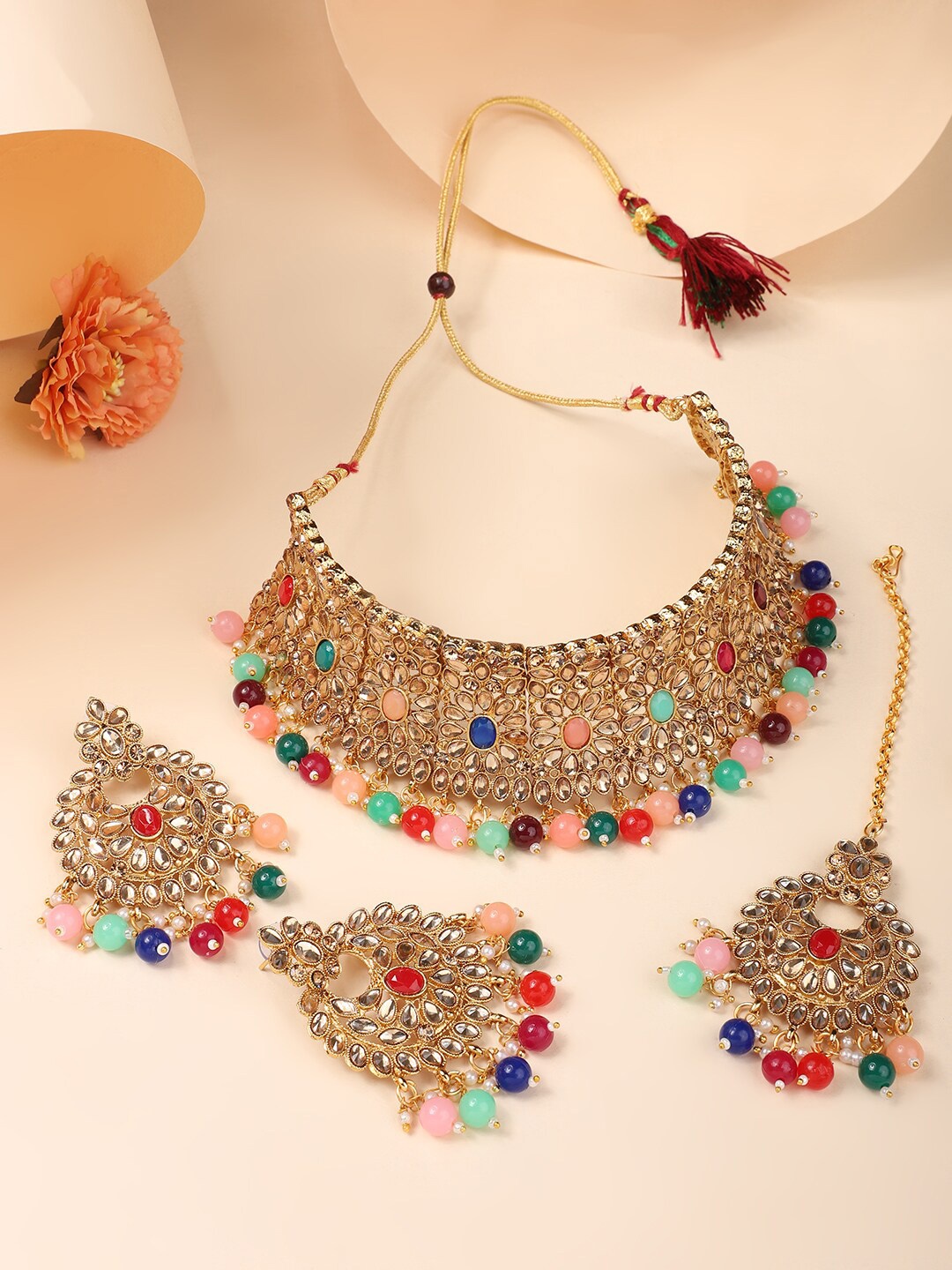 

ANIKAS CREATION Gold-Plated Multi-Coloured Stone-Studded Jewellery Set