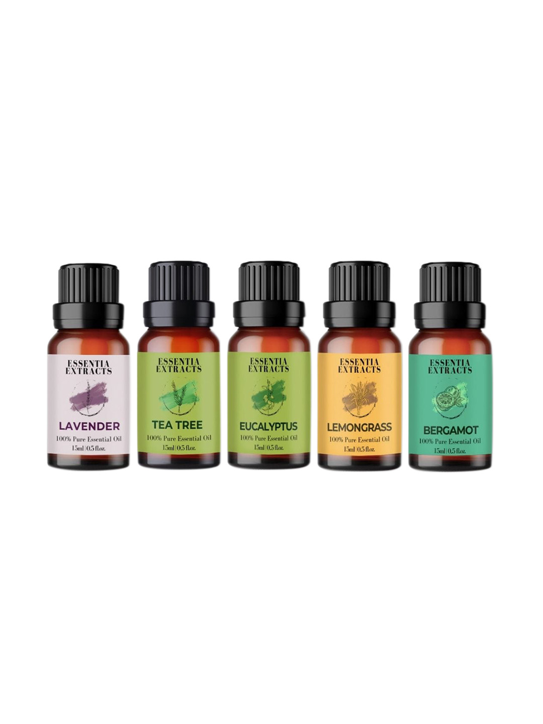

ESSENTIA EXTRACTS Set of Lavender-Tea Tree-Bergamot-Eucalyptus & Lemongrass Essential Oils, Green