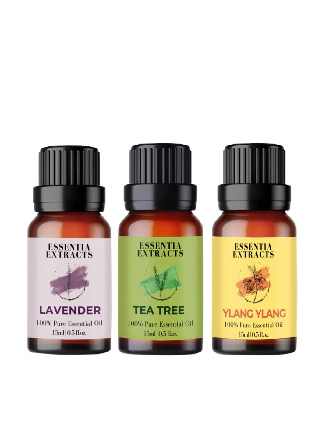 

ESSENTIA EXTRACTS Set of Pure Ylang Ylang-Tea Tree & Lavender Essential Oil - 15 ml Each, Yellow