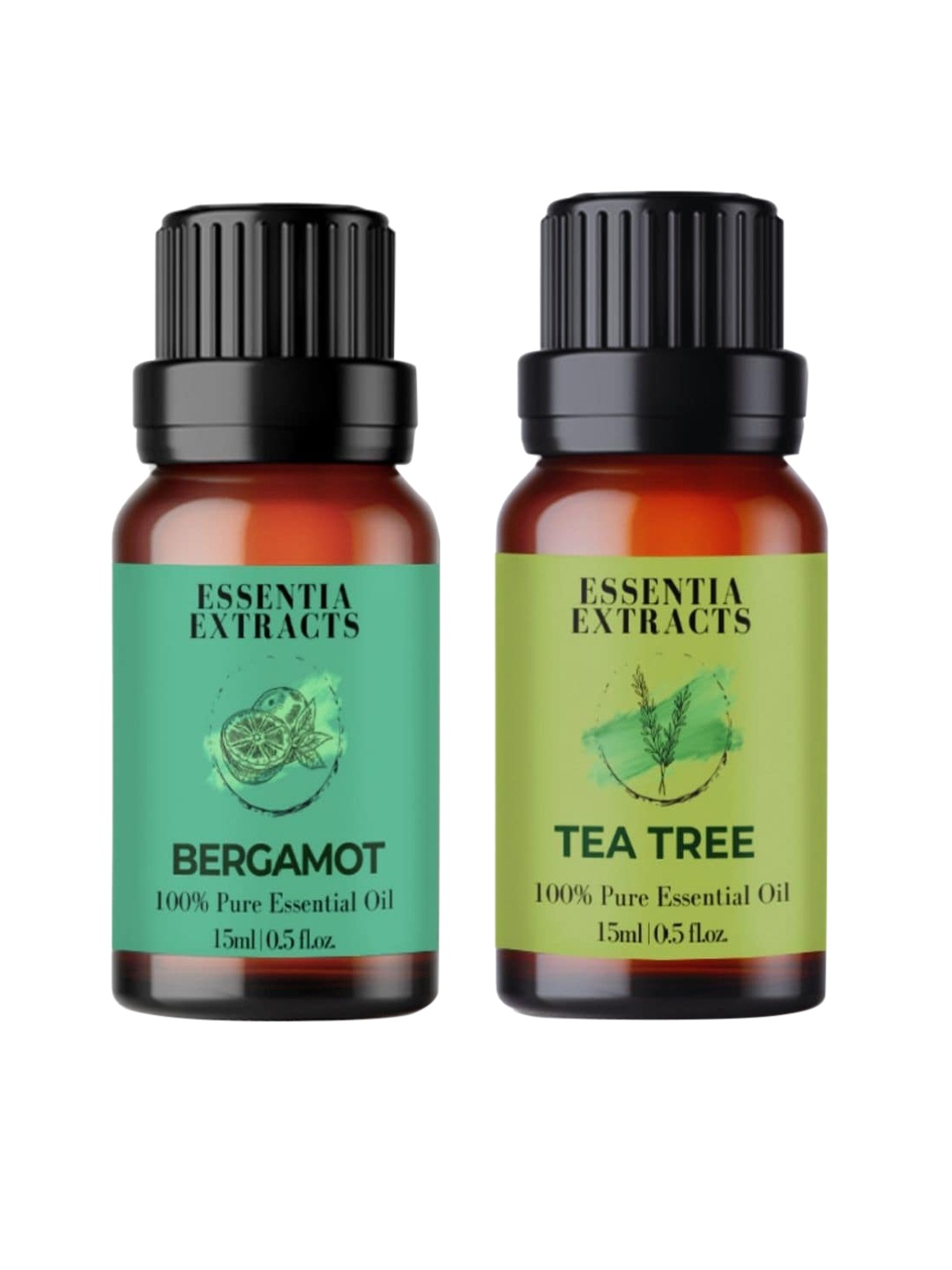 

ESSENTIA EXTRACTS Set of Pure Bergamot & Tea Tree Essential Oils - 15 ml Each, Green