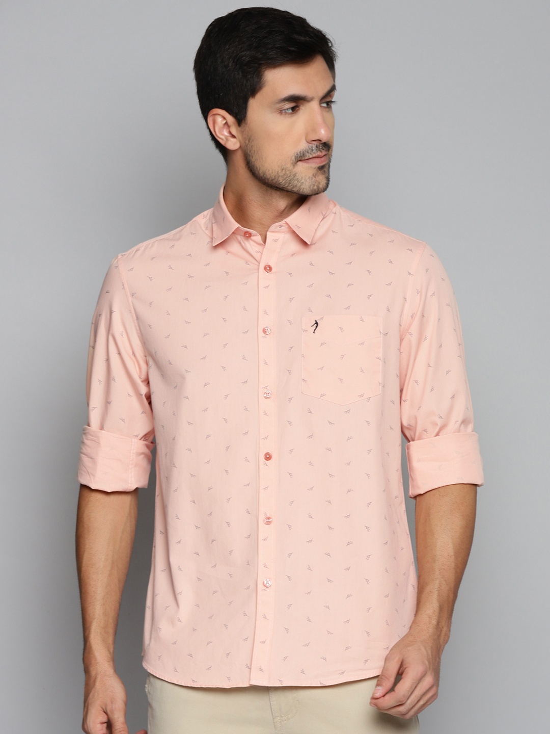

Indian Terrain Men Peach-Coloured Pure Cotton Slim Fit Printed Casual Shirt
