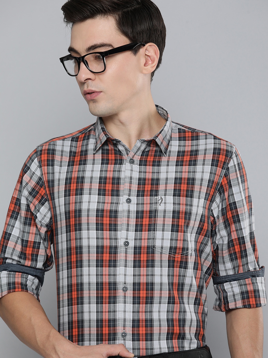 

Indian Terrain Men Grey & Orange Slim Fit Checked Pure Cotton Formal Shirt