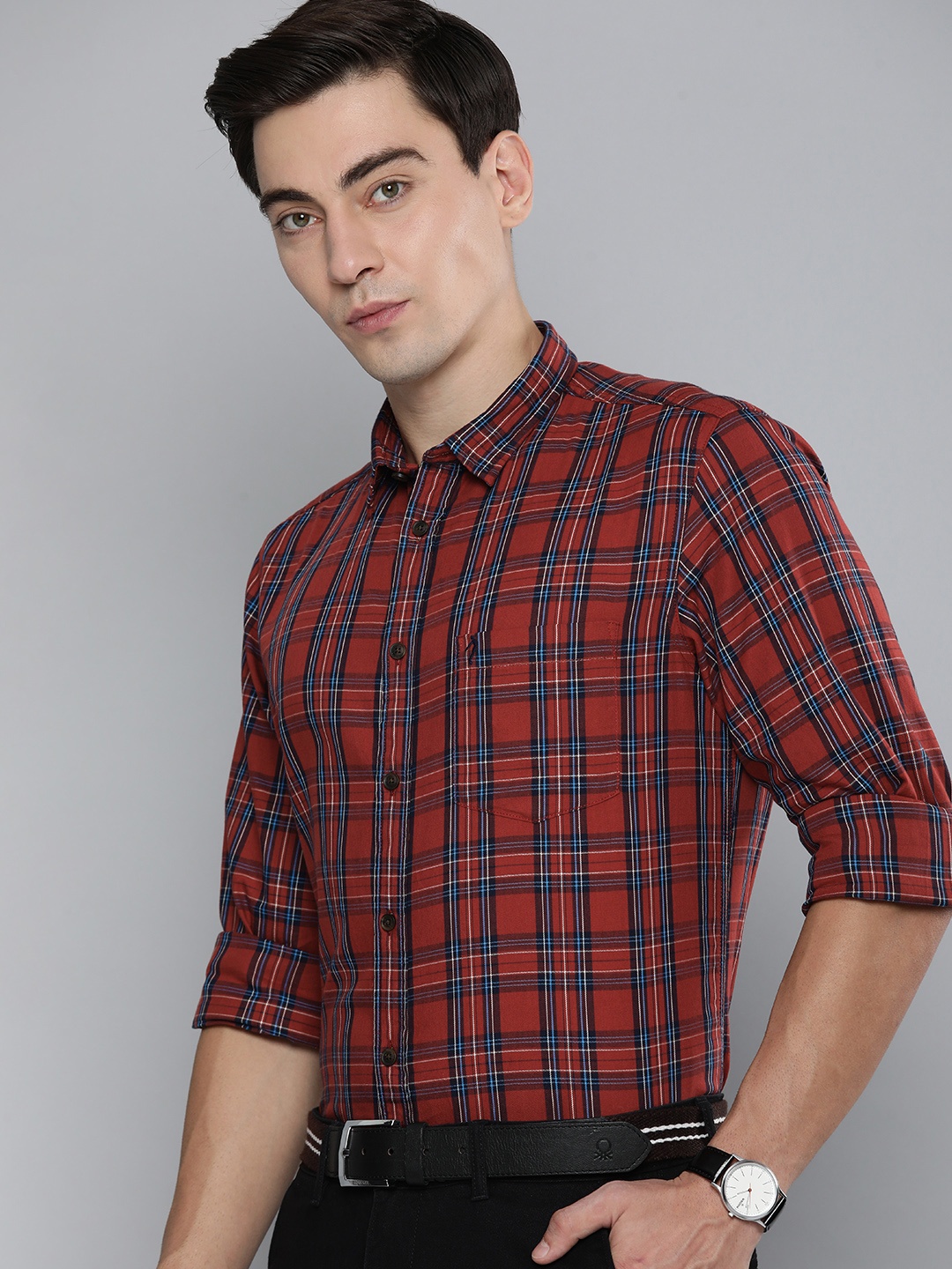 

Indian Terrain Men Brown & Blue Slim Fit Checked Pure Cotton Formal Shirt
